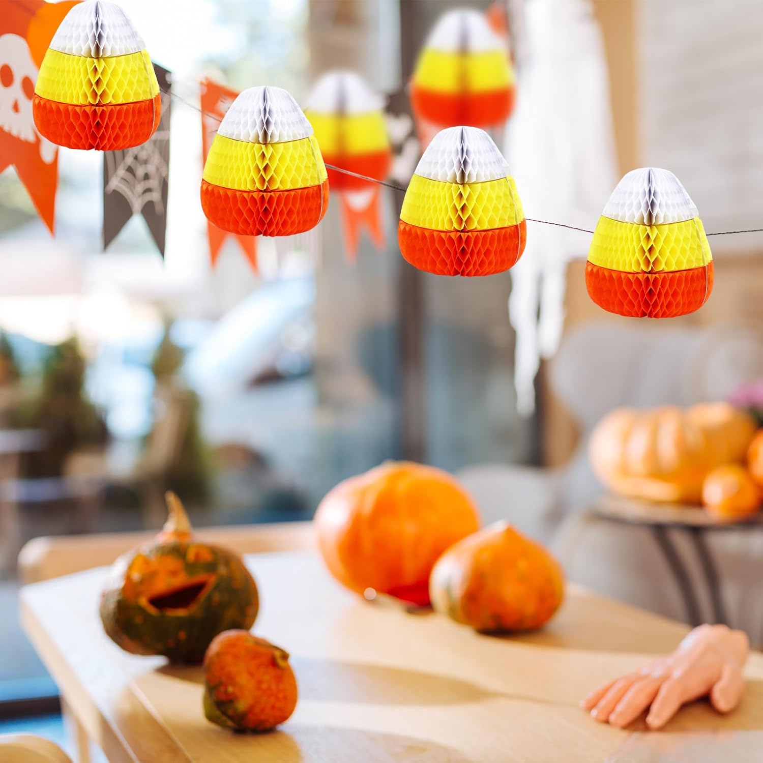 Sumind 6 piezas de decoración de nido de abeja para fiesta de Halloween, lindo centro de mesa de maíz de caramelo, adornos de Halloween, decoración