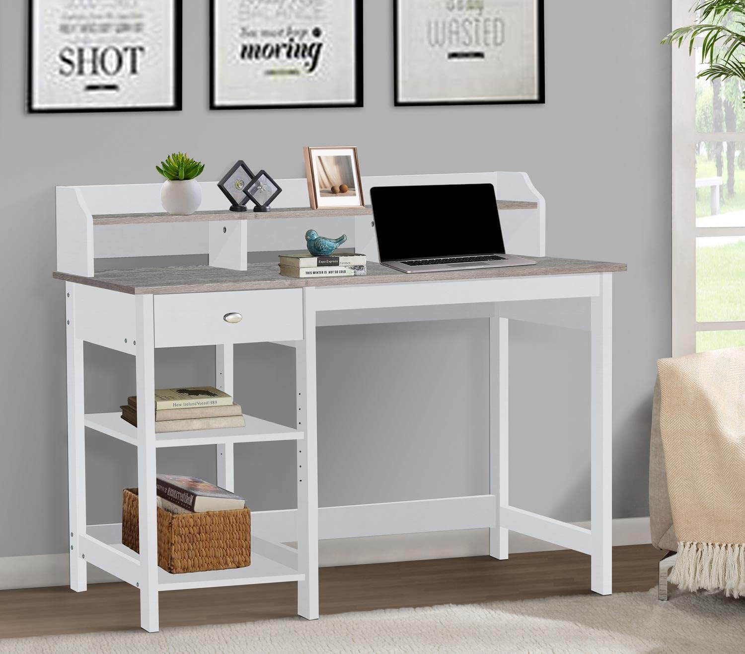 Saint Birch Finley – Escritorio moderno de madera con gabinete en roble blancogris
