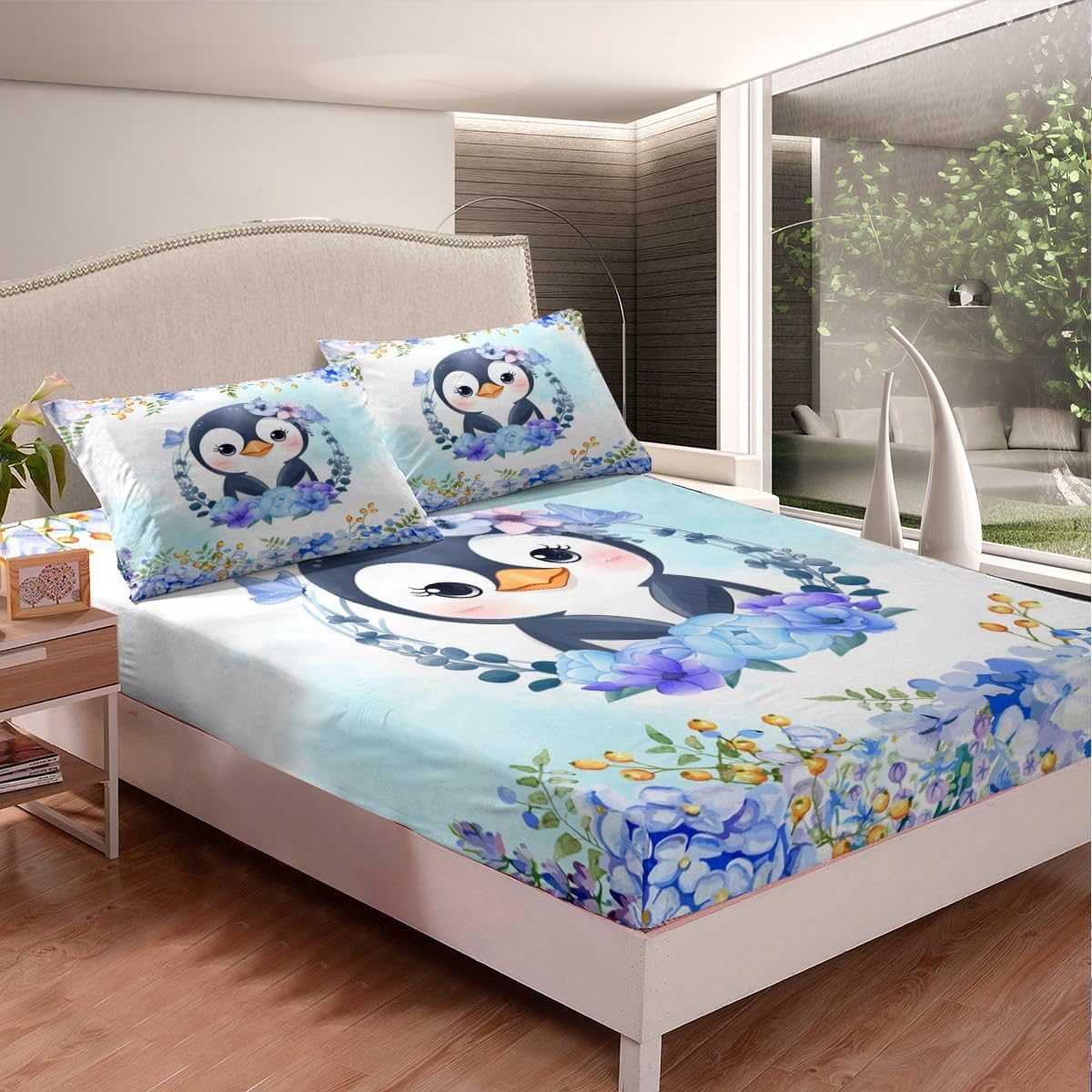 Manfei Juego de sábanas de pingüinos de dibujos animados tamaño King, bonito juego de ropa de cama de animales de poste ártico, decoración de