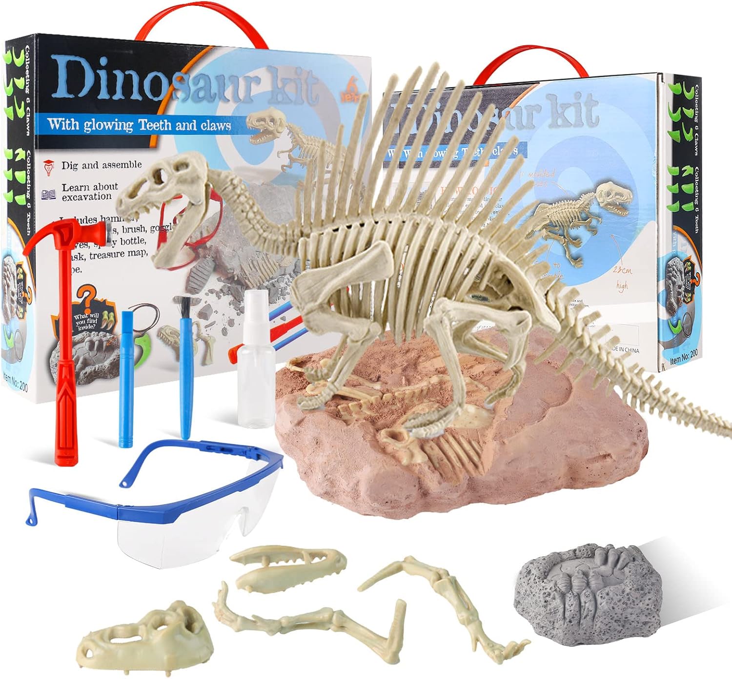 Juguetes de dinosaurio Kit educativo de ciencia regalo para niños, Spinosaurus STEM Activtives, Dino regalos geográficos con dientes brillantes para