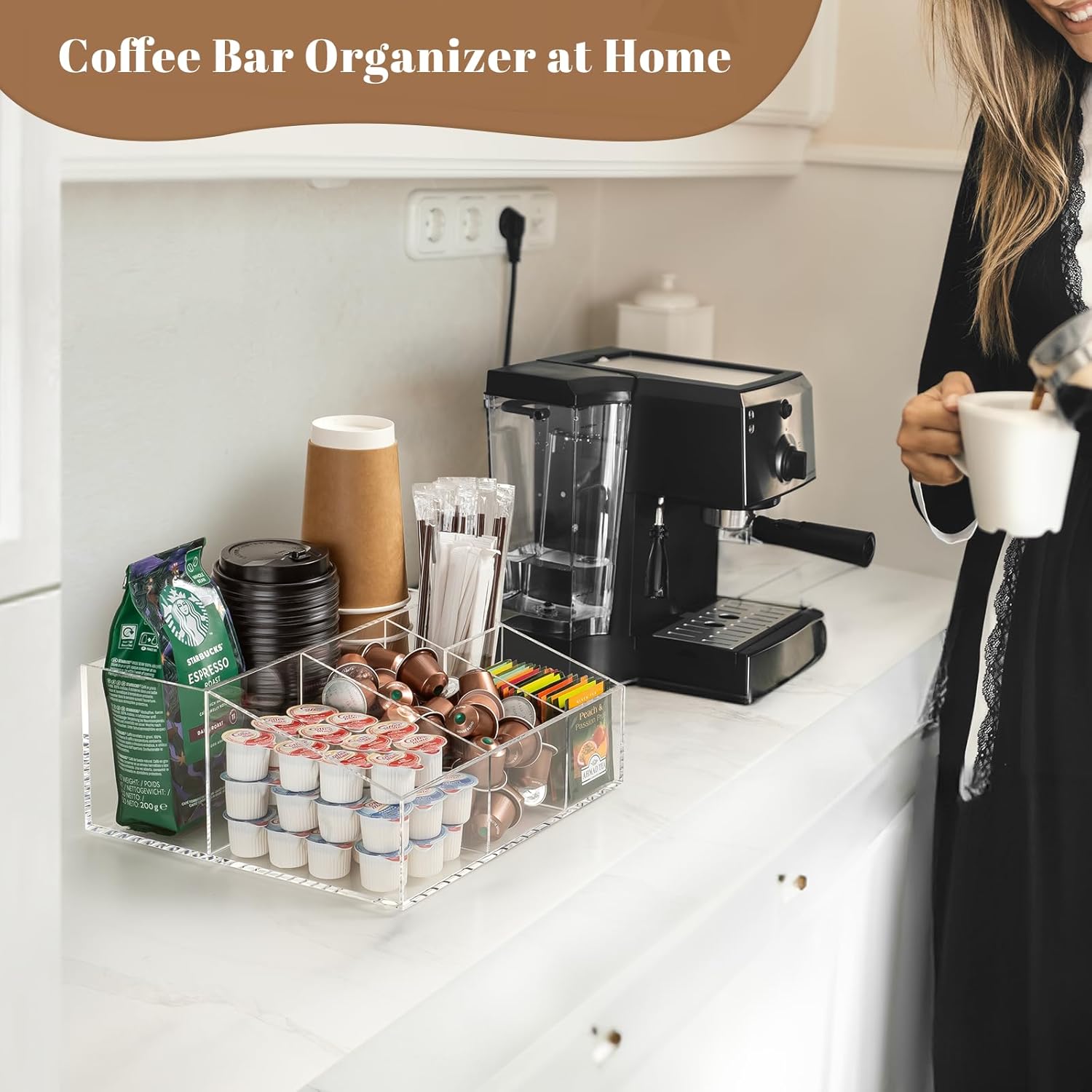 BEYGORM Organizador de acrílico para barra de café para encimera, sala de descanso de oficina, accesorios de almacenamiento de aperitivos, soporte