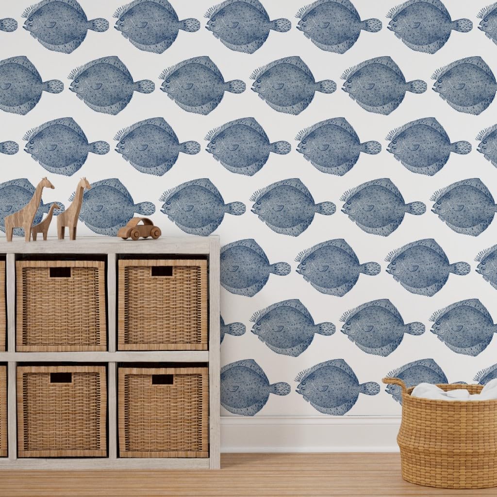 Spoonflower Papel tapiz extraíble de 12 x 2 pies – Ilustración vintage pez platija – Papel tapiz blanco y azul personalizado prepegado