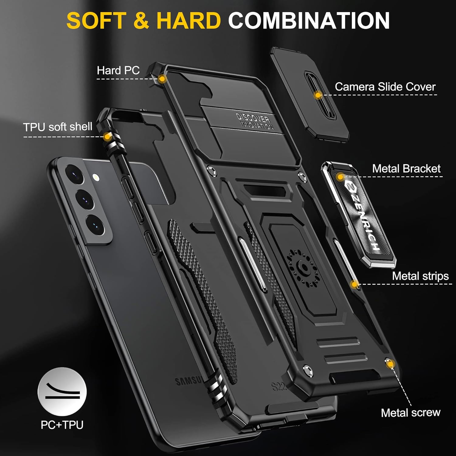 ZenRich Funda resistente para Samsung Galaxy S22 con cubierta deslizante para cámara y soporte, funda protectora de doble capa de grado militar