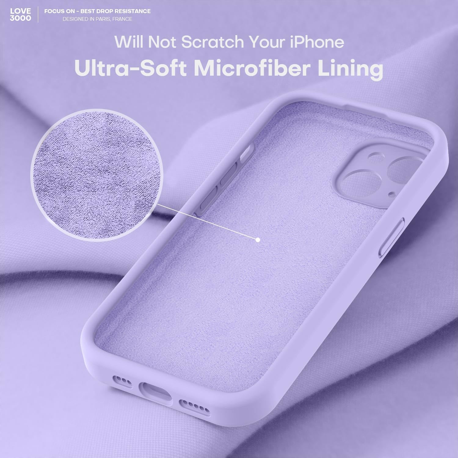 LOVE 3000 Funda compatible con iPhone 15, cámara de cobertura completa de silicona suave, protección contra caídas de 8 pies, forro de microfibra