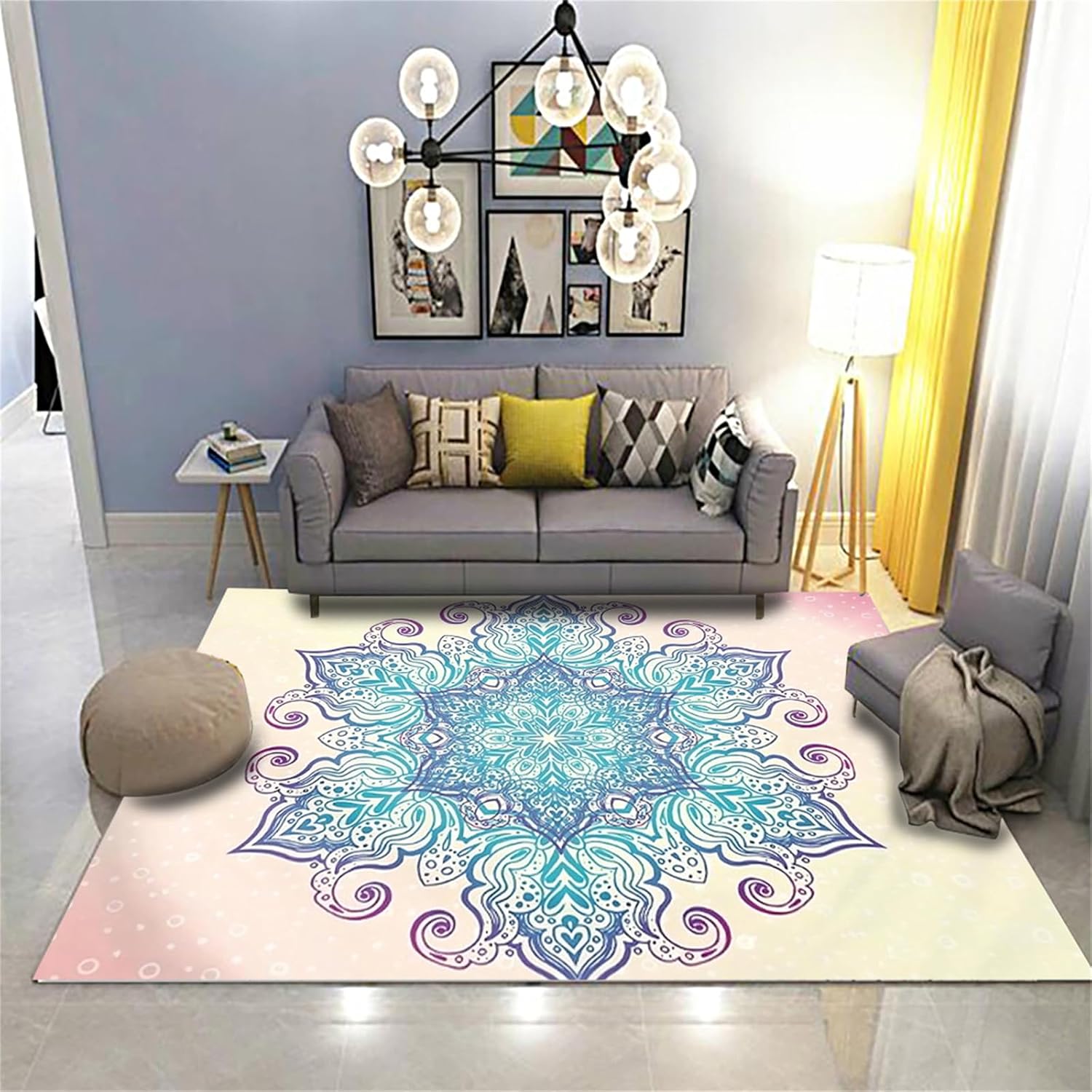 Alfombras de área con mandala, 3 x 5 pies, alfombras bohemias de lujo, color rosa, azul y cian, para sala de estar, interior y exterior, dormitorio,