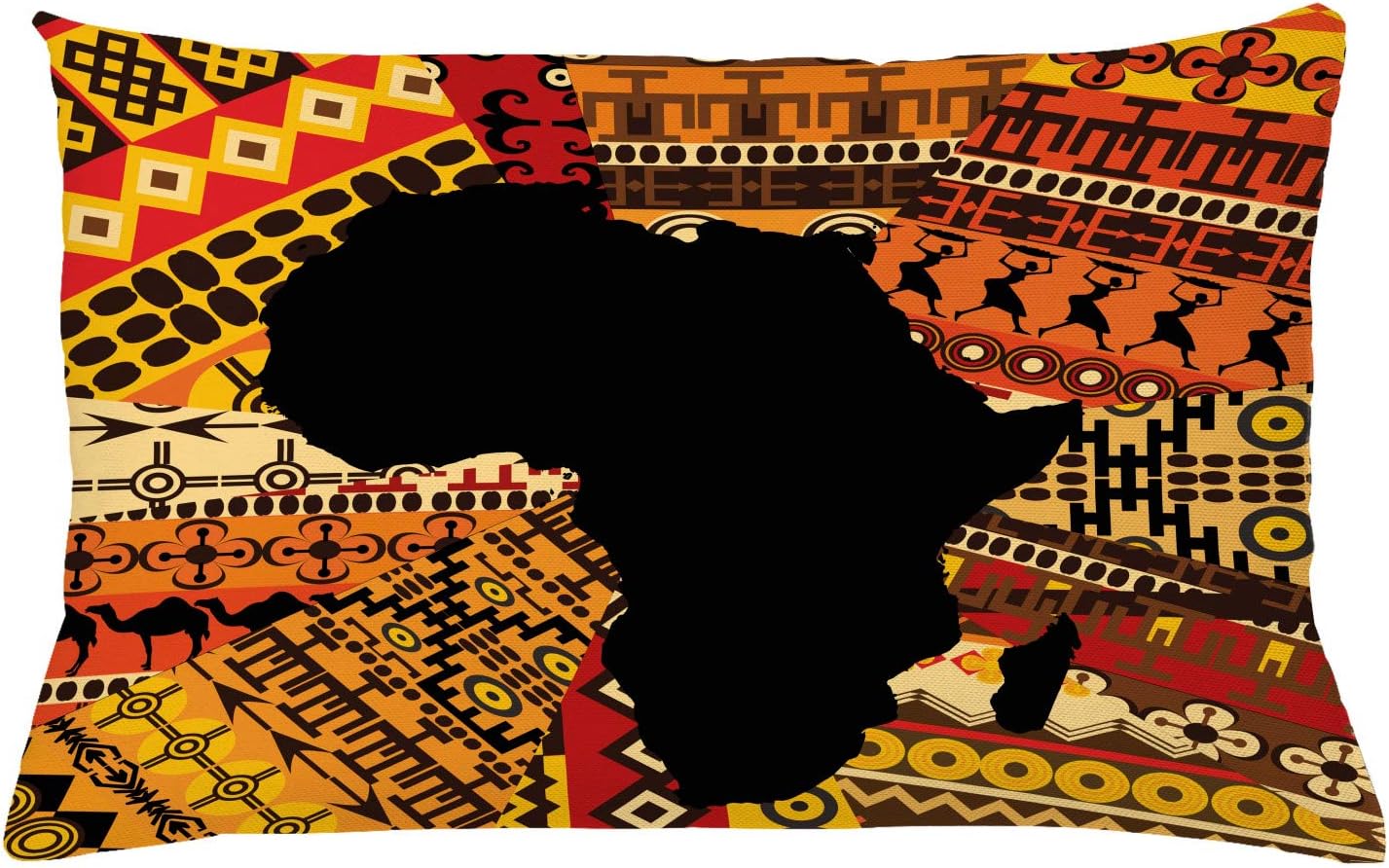 Lunarable Funda de cojín africana, mapa de estilo abstracto sobre fondo de alfombra, funda de almohada decorativa rectangular, 26 x 16 pulgadas,