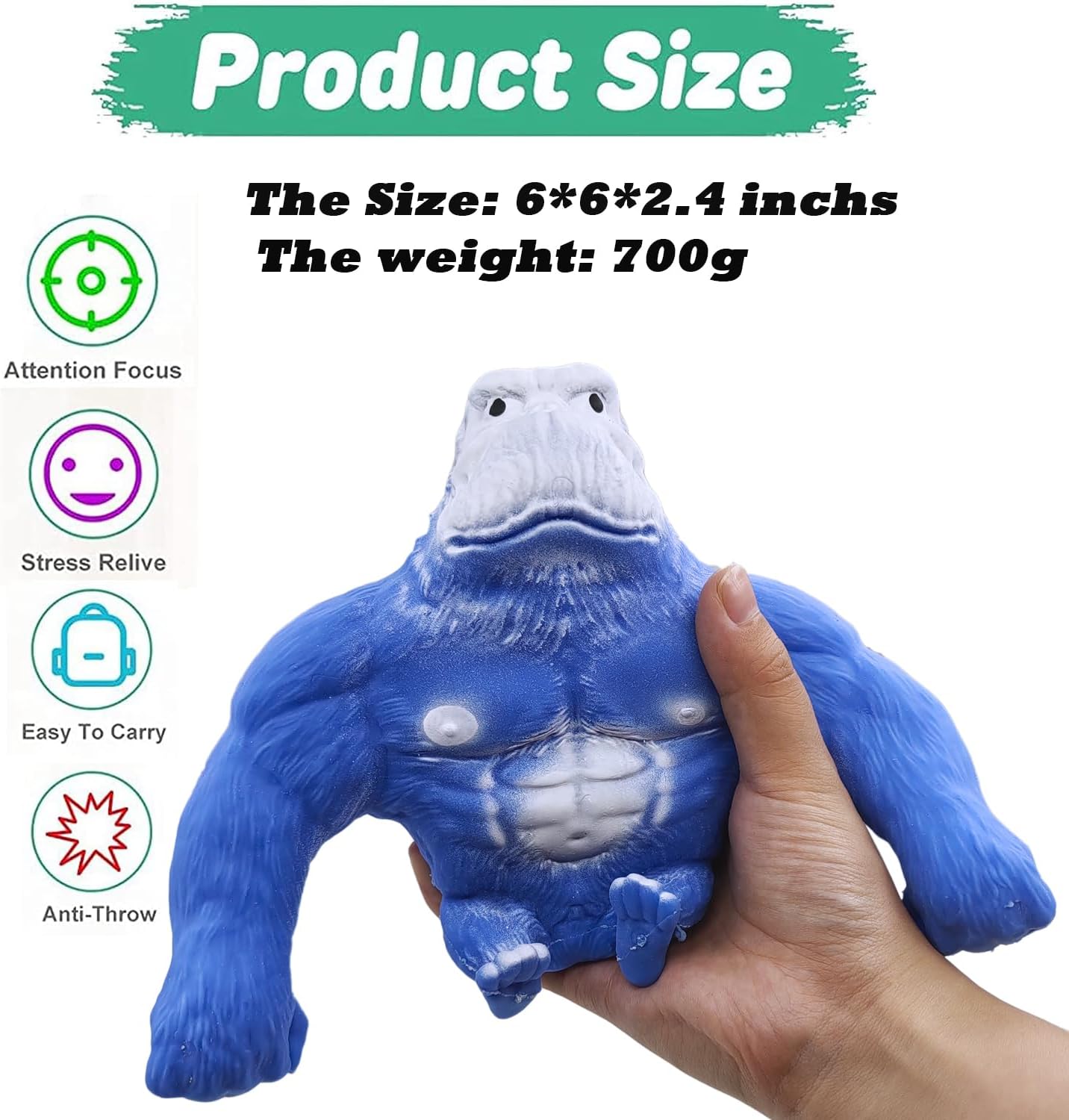 Figura de juguete grande de gorila blando, juguete de mono de goma suave para niños y adultos, juguete elástico para aliviar el estrés y TDAH