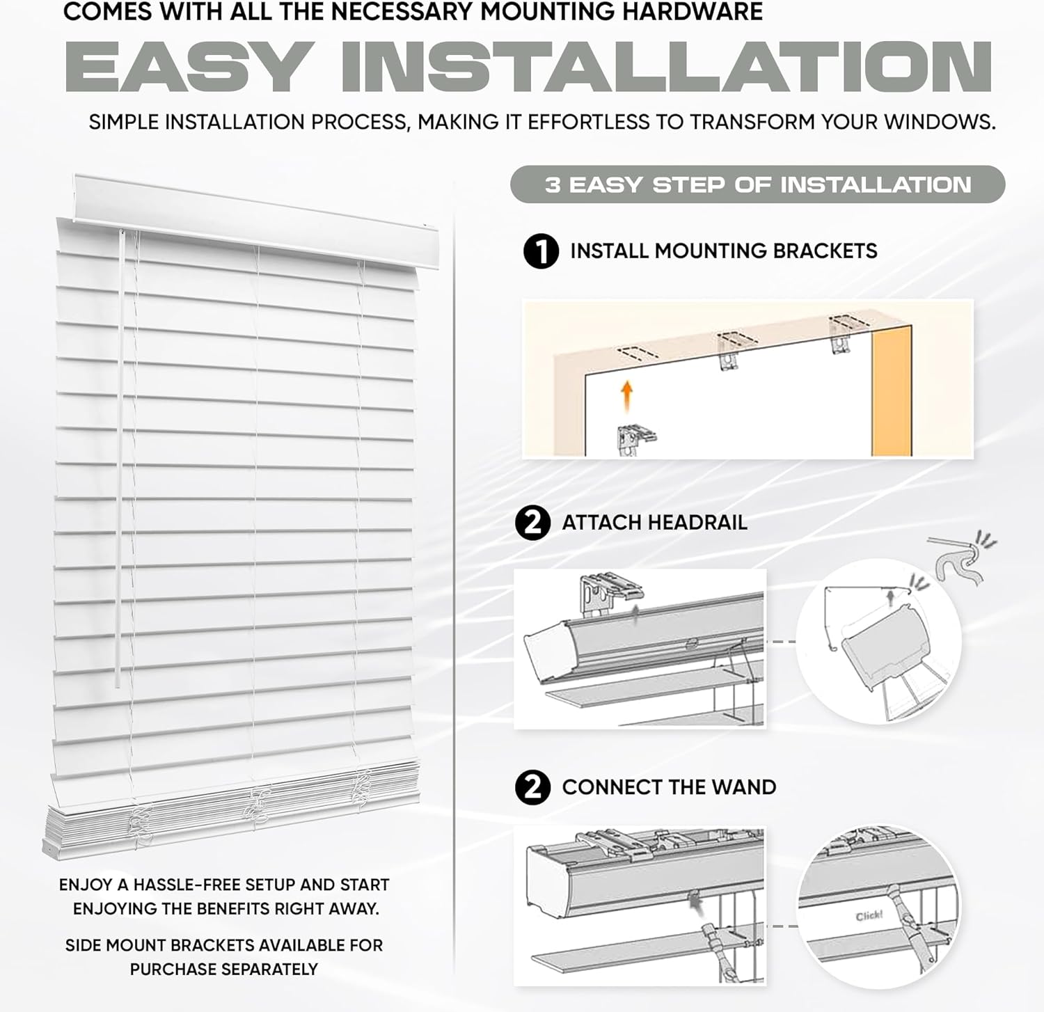 Elegante persiana de madera sintética sin cordón de 2 pulgadas de color blanco para ventanas de 27 12 (27.5 pulgadas de ancho x 48 pulgadas de largo)