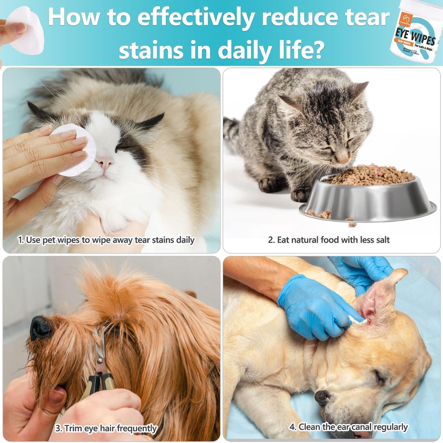 Toallitas para mascotas para gatos y perros, toallitas de aseo para ojos, patas, orejas, nariz, toallitas quitamanchas suaves sin perfume para