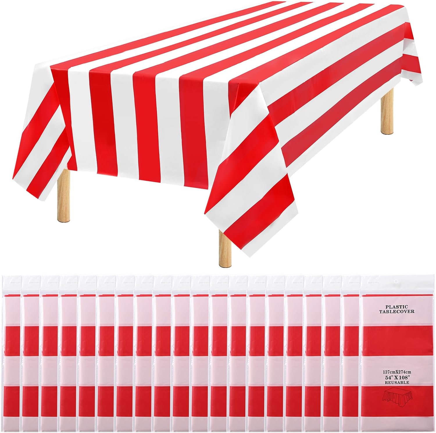 Paquete de 20 manteles rectangulares de plástico a rayas rojas, impermeables, de 54 x 108 pulgadas, desechables de carnaval, circo, clásico, rojo y