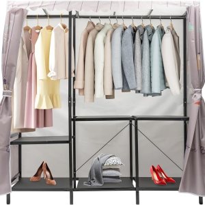 Kaichenyt Perchero de ropa resistente, organizador de armario independiente con soportes inferiores plegables, armario de metal con cubierta de Kaichenyt Perchero de ropa resistente, organizador de armario independiente con soportes inferiores plegables, armario de metal con cubierta de