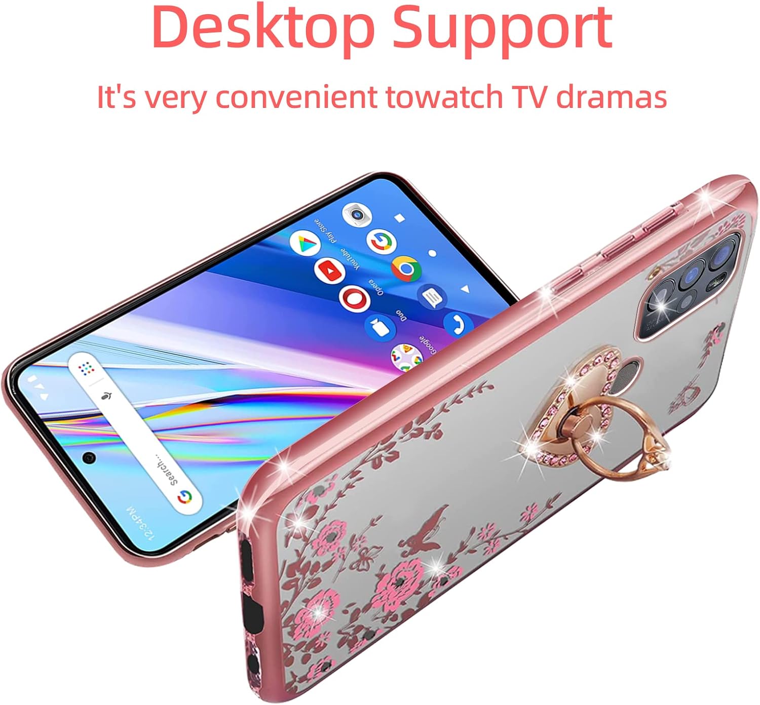 KuDiNi BLU G91 Pro – Funda protectora transparente con función atril y correa para BLU G91 Pro para BLU G91 Pro (oro rosa)