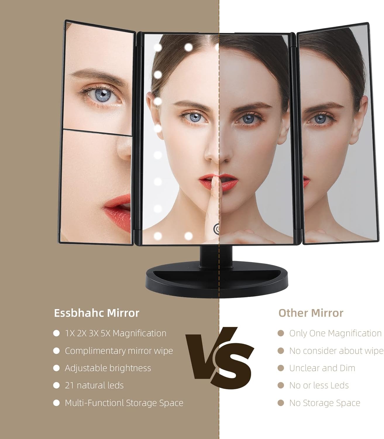 Essbhach Espejo de maquillaje con 21 luces LED, 4 ampliaciones y atenuación de pantalla táctil, rotación de 180 con doble potencia y brillo