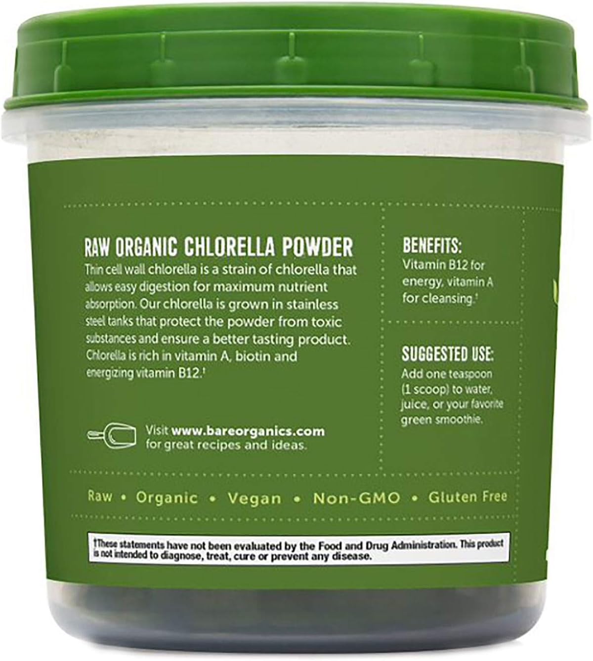 BareOrganics 12522 USDA Polvo orgánico de Chlorella, superalimento en polvo, suplemento dietético, 8 onzas