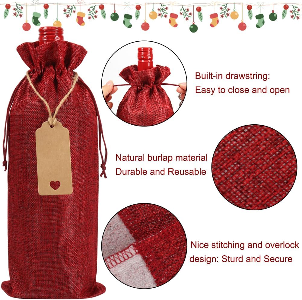 Shintop 12 bolsas de vino de arpillera, bolsas de regalo de vino de Navidad, bolsas reutilizables para botellas de vino con cordón para Navidad,