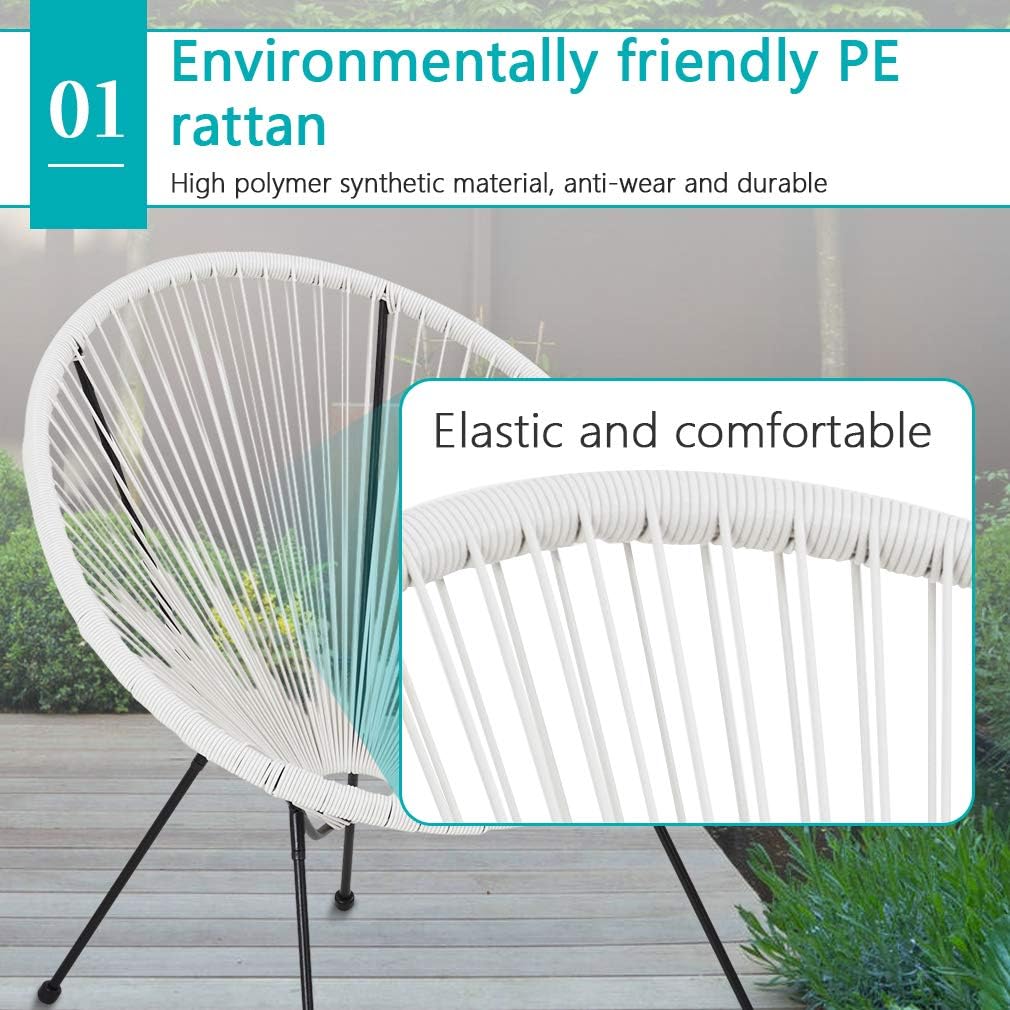 FDW Juego de 2 sillas Acapulco para exteriores, diseño de hamaca de cristal, parte superior de cristal, tamaño pequeño, color blanco