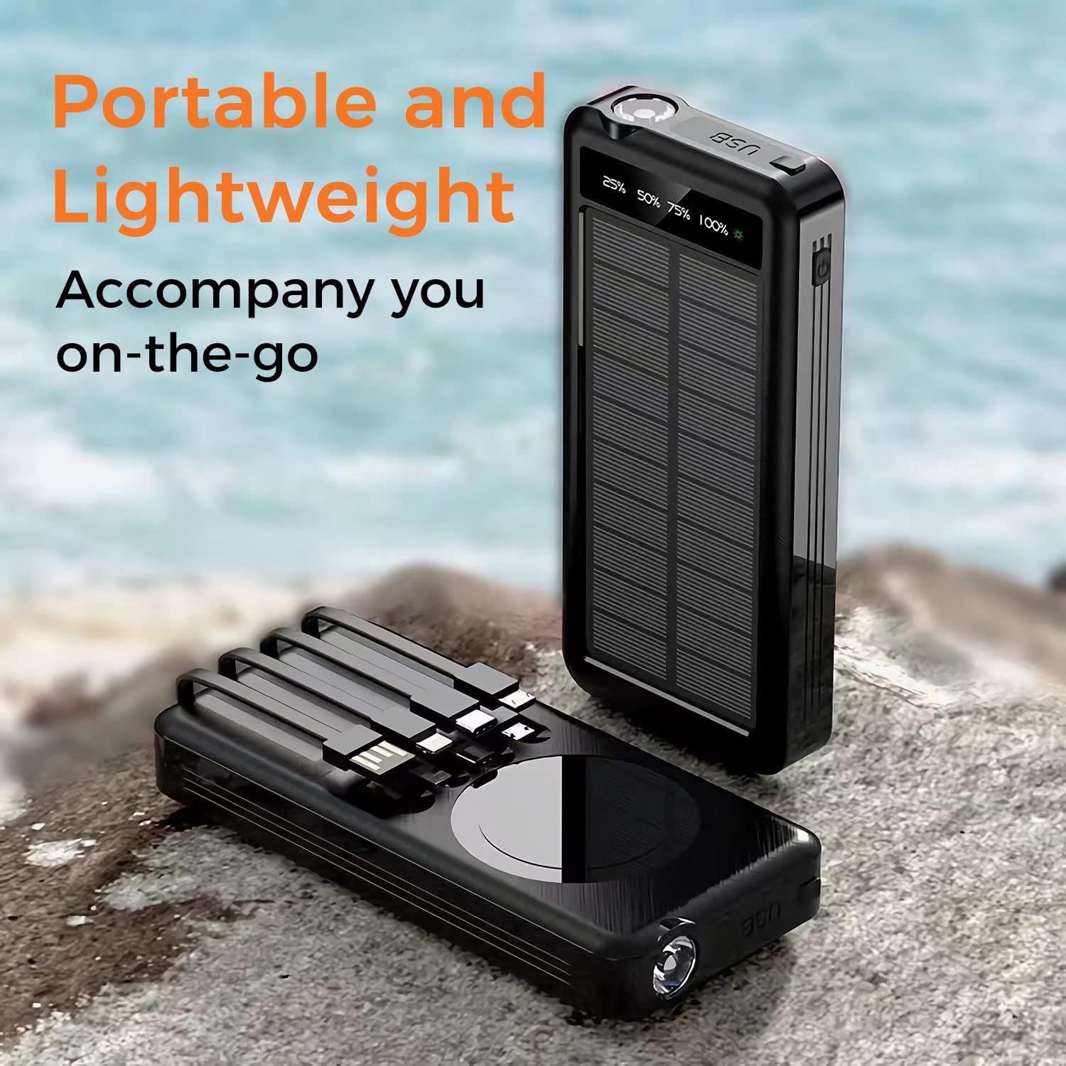 Banco de energía portátil solar al aire libre con carga inalámbrica, cables de carga incorporados, batería de 10000 mAh, IP65 impermeable, a prueba