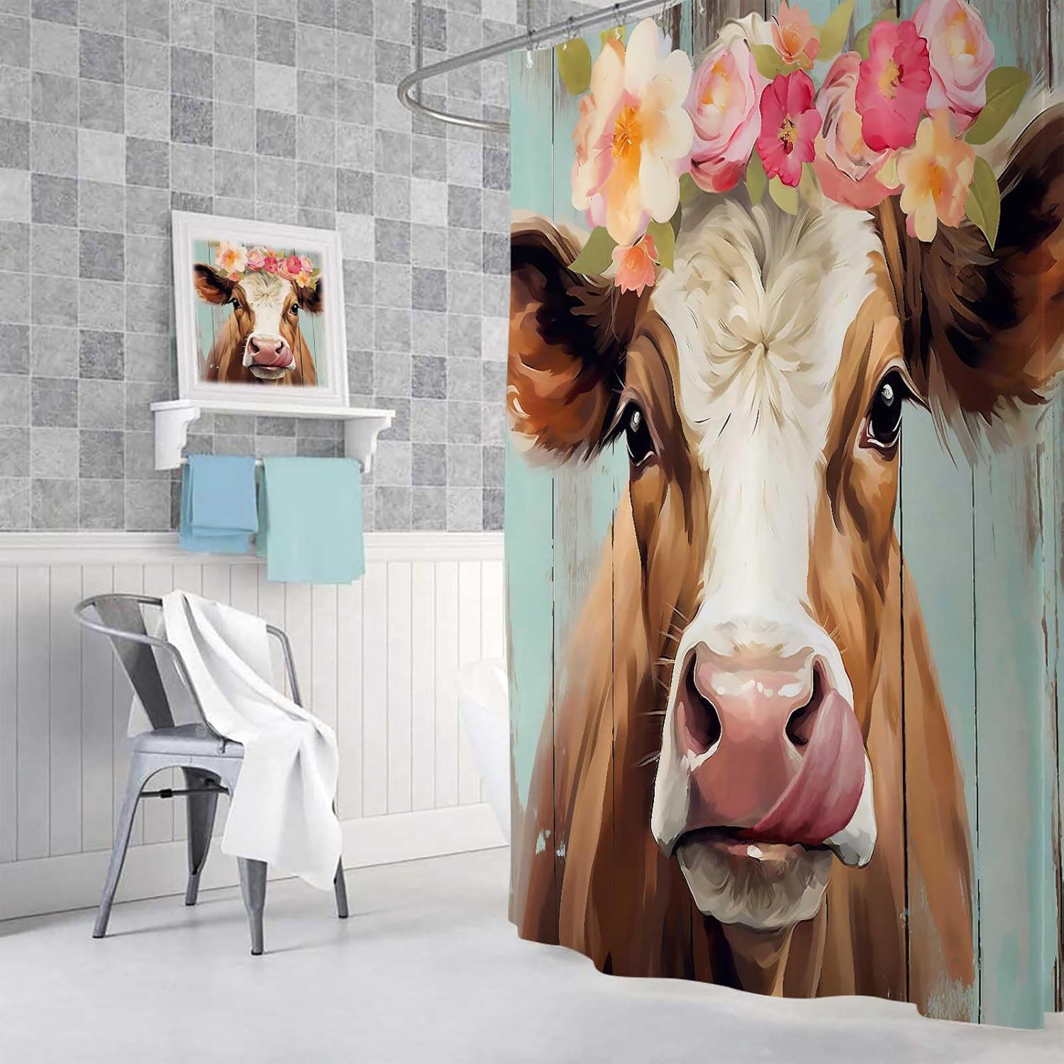 JAWO Cortina de ducha de vaca de granja para baño, bonito juego de cortinas de ducha de tela de granja rústica sobre madera, divertidos accesorios
