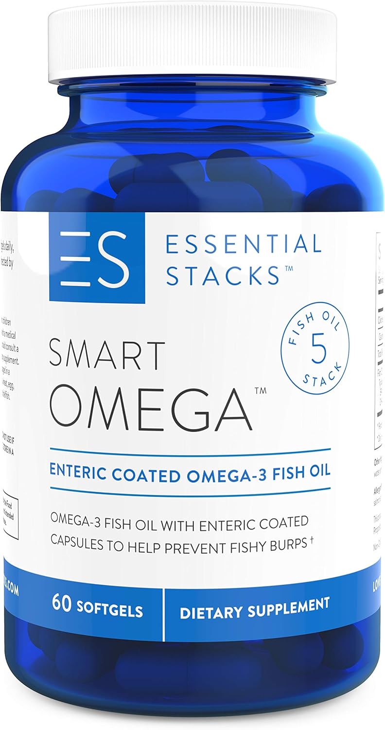 Essential Stacks Smart Omega 3 – Aceite de pescado sin eructos – 1400 mg EPA DHA por porción, recubrimiento entérico (60 cápsulas)