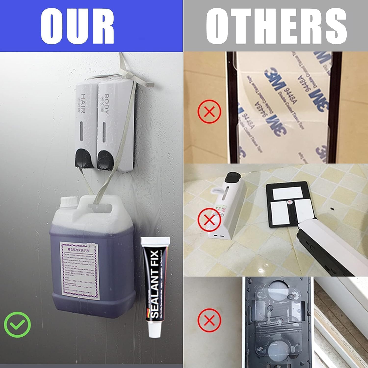Dispensador de jabón de ducha 3 en 1, dispensador de champú y acondicionador sin taladros, dispensador de champú para montaje en pared, bomba de