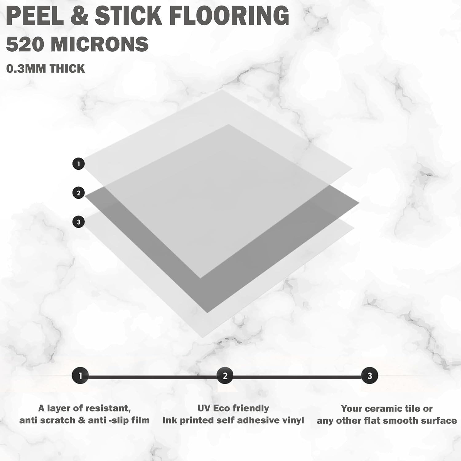 Bleucoin Adhesivos de azulejos de suelo de mármol blanco y negro sólido antideslizante para despegar y pegar para baño, cocina, suelo de lavandería,