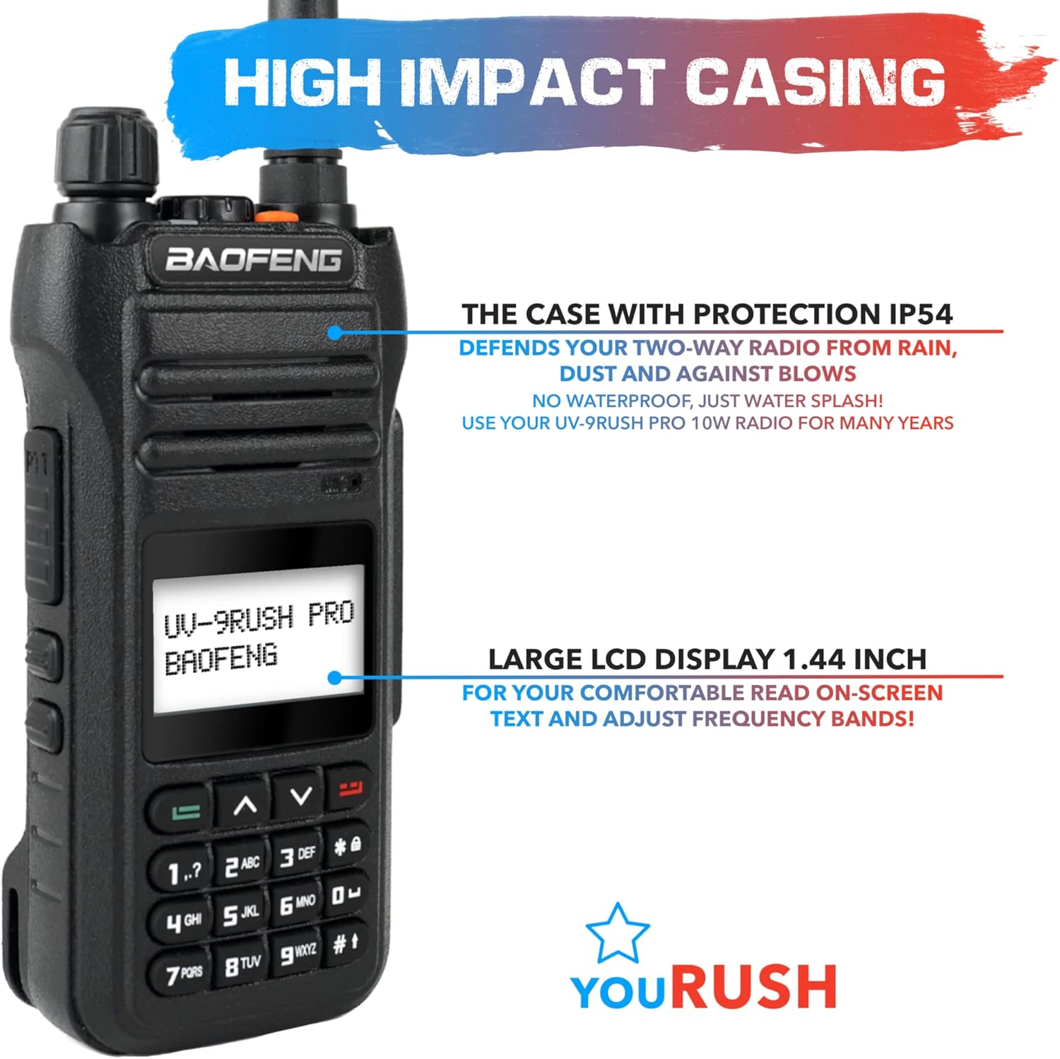 UV-9Rush Pro 10 W (actualizado Baofeng BF-H5) Radio portátil de mano UHF VHF Radio de mano de doble banda IP54 con batería de 2200 mAh. Pin K2