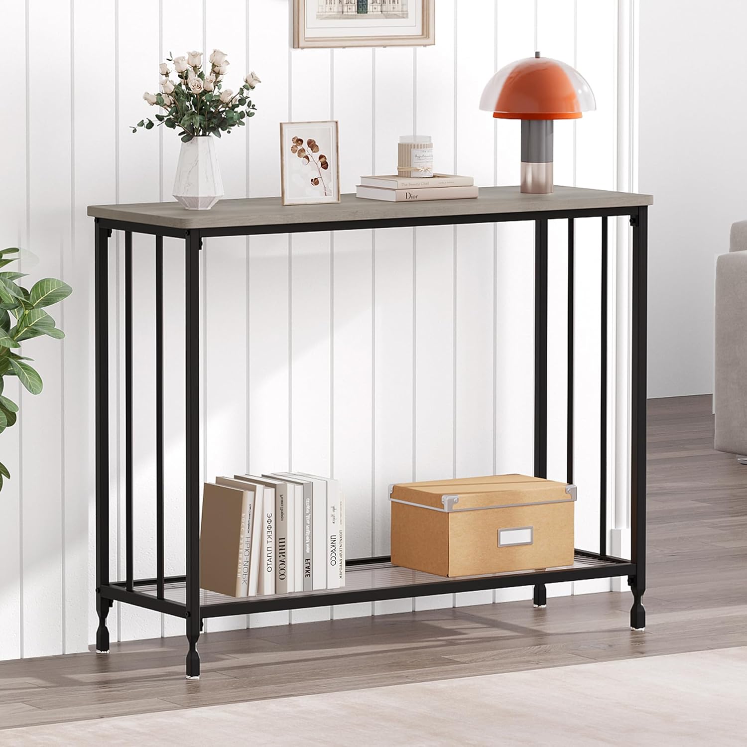 IDEALHOUSE Mesa consola, mesas de sofá, mesa de entrada estrecha con estante de vidrio y marco de metal, mesa de pasillo industrial de 33.5 pulgadas
