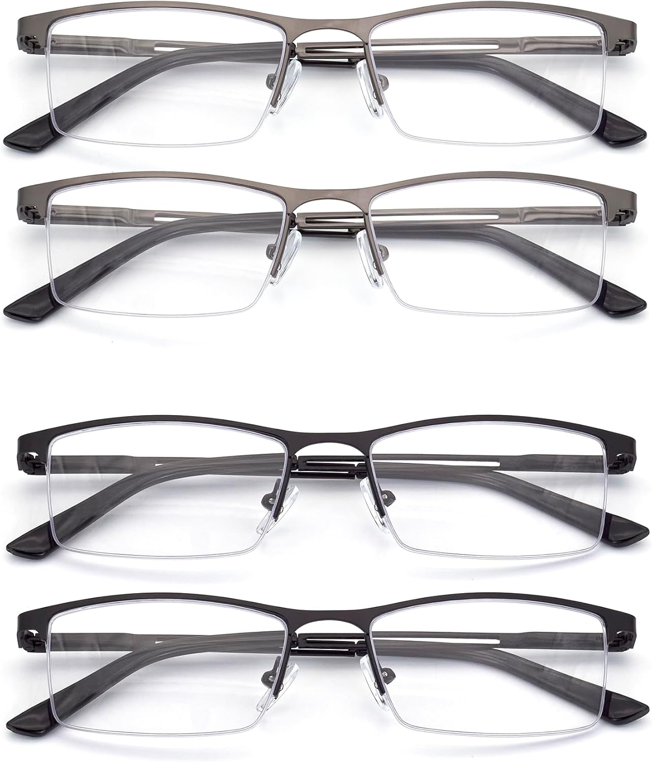 Gafas de lectura con luz azul para hombre, lentes de lectura de medio marco de metal, bisagra de resorte, lentes transparentes con bolsas