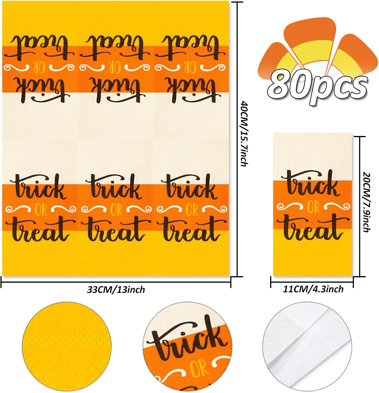 Whaline Servilleta de papel para invitados de Halloween, 4.3 x 7.8 pulgadas, servilletas desechables de dulce o truco, servilletas de color maíz