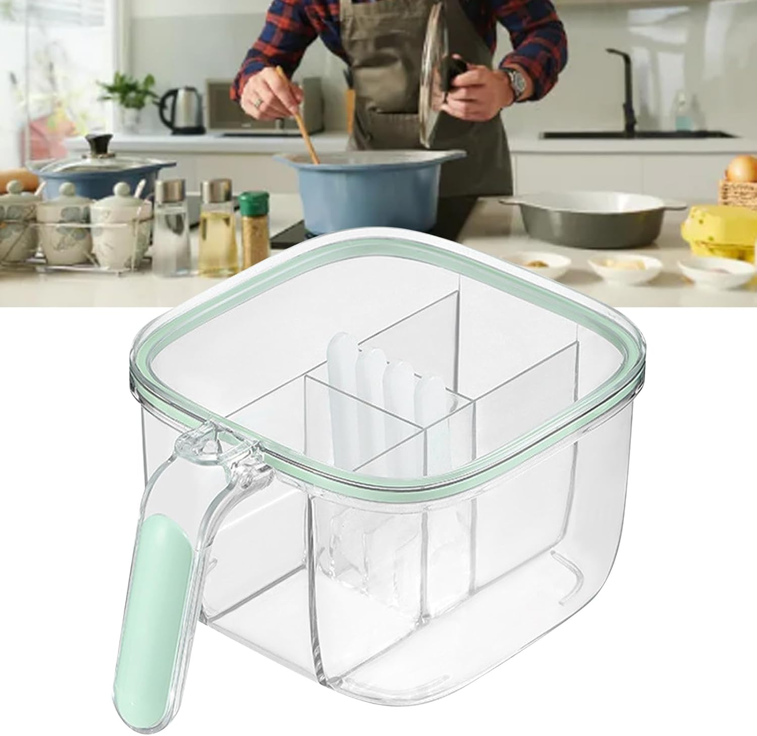 TOPINCN Caja de condimentos de 4 compartimentos con 4 cucharas de servir y tapa, caja de condimentos transparente para ventana, caja de