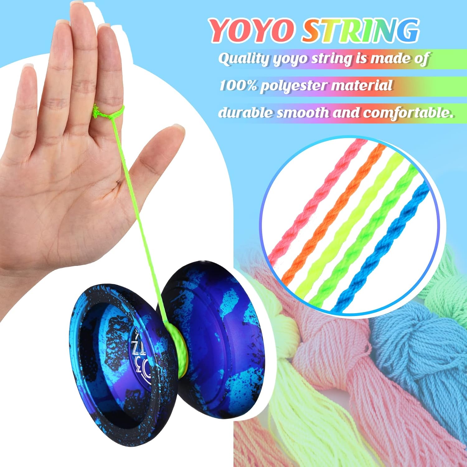 Paquete de 50 cuerdas profesionales de Yoyo, suaves 100% poliéster, para yoyos sensibles y que no responden, color azul, verde, rosa, amarillo,
