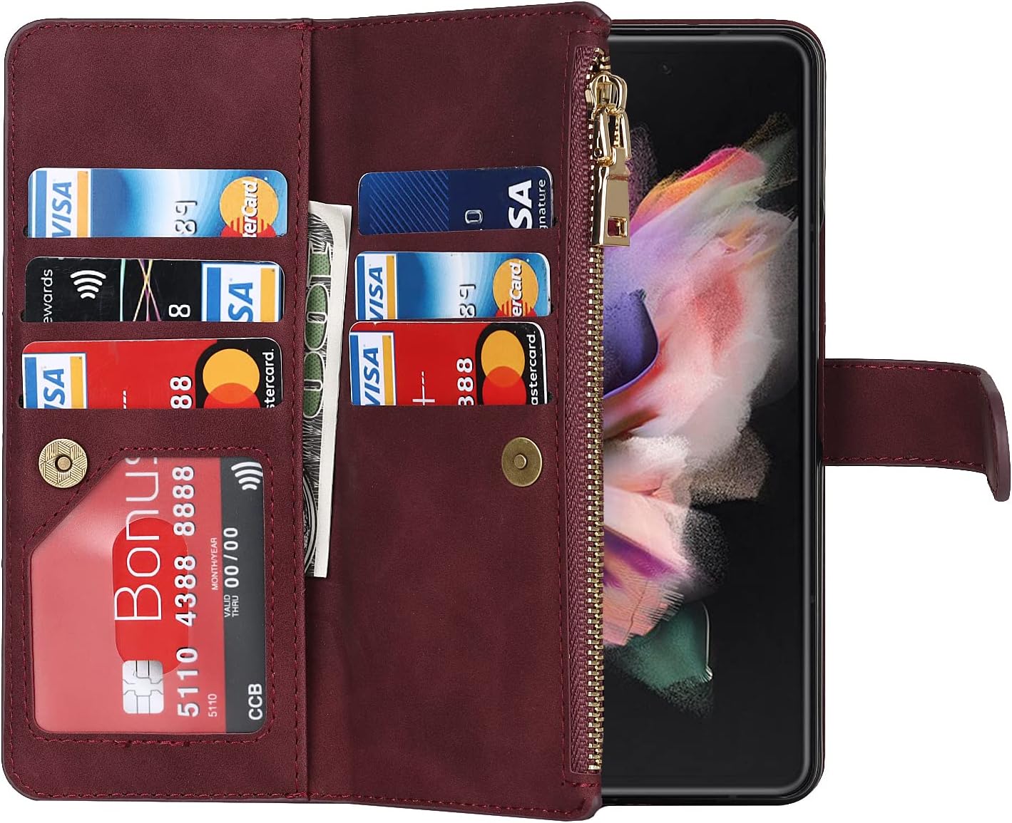 Funda para Galaxy Z Fold 4, funda tipo cartera con soporte para bolígrafo S, 9 tarjeteros, 1 billetera con cremallera, 2 ranuras para efectivo,