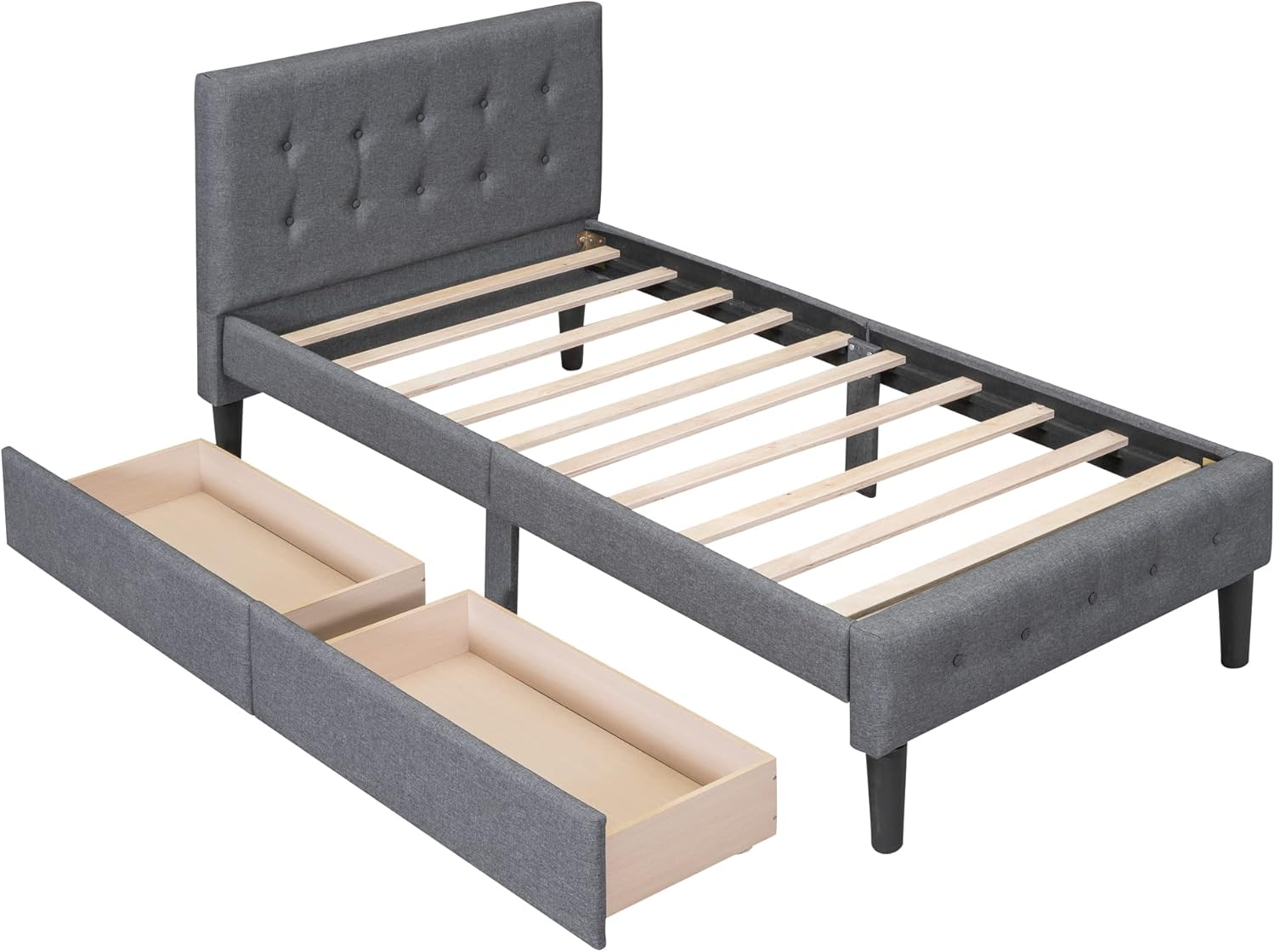 CITYLIGHT Cama de plataforma tapizada de tamaño individual con cabecero y dos cajones, marcos de cama individual de madera de lino con