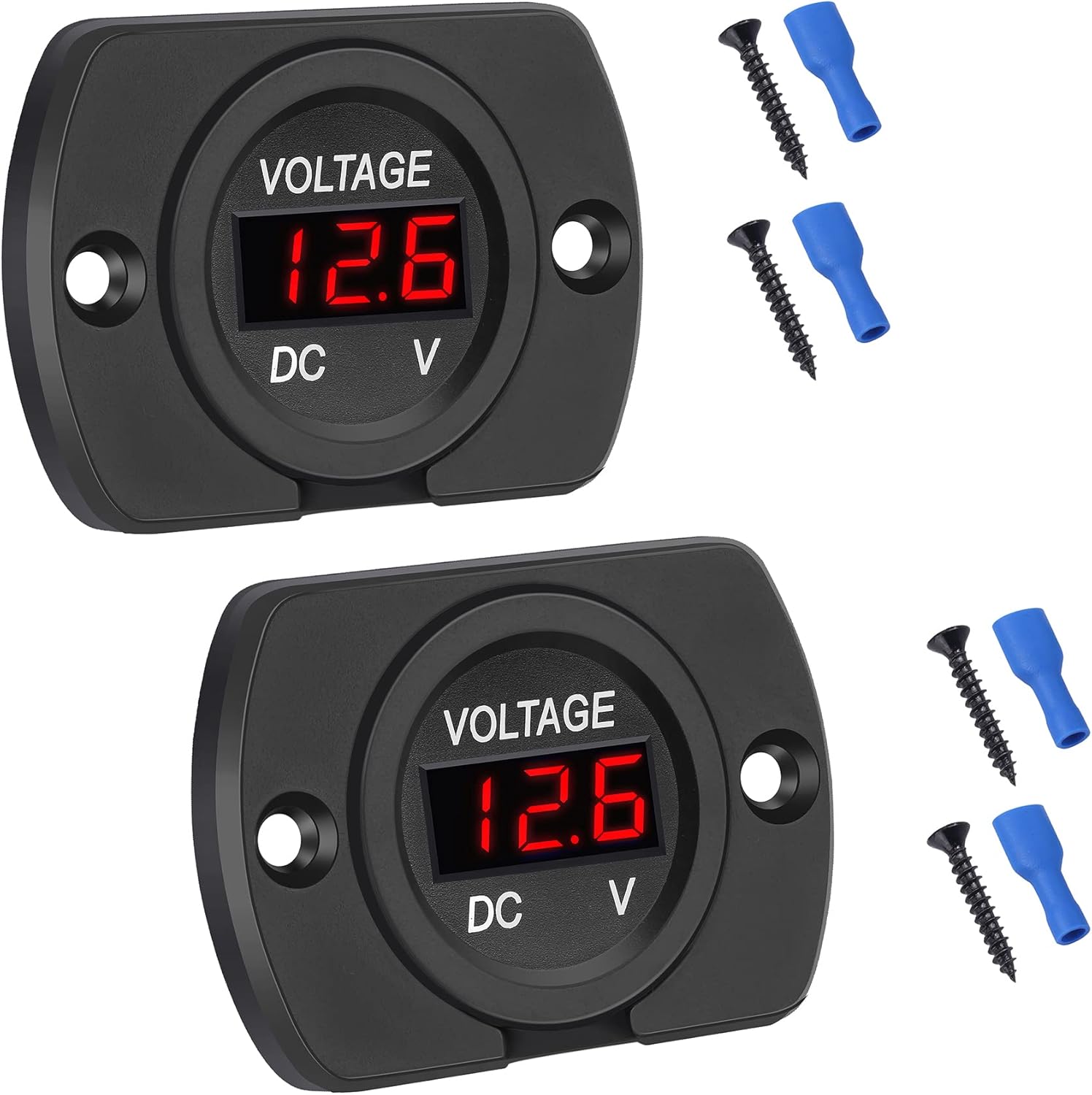 CrocSee Paquete de 2 voltímetros de automóvil CC de 12 V 24 V, impermeables, panel digital LED, medidor de voltaje redondo con terminales para