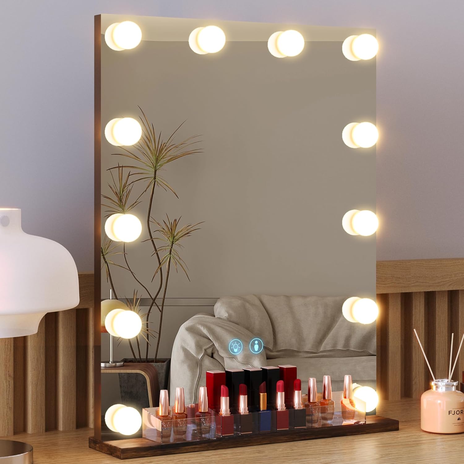 LVSOMT Espejo de tocador con luces, espejo de maquillaje iluminado para escritorio, espejo de tocador de Hollywood con organizador de maquillaje, 3