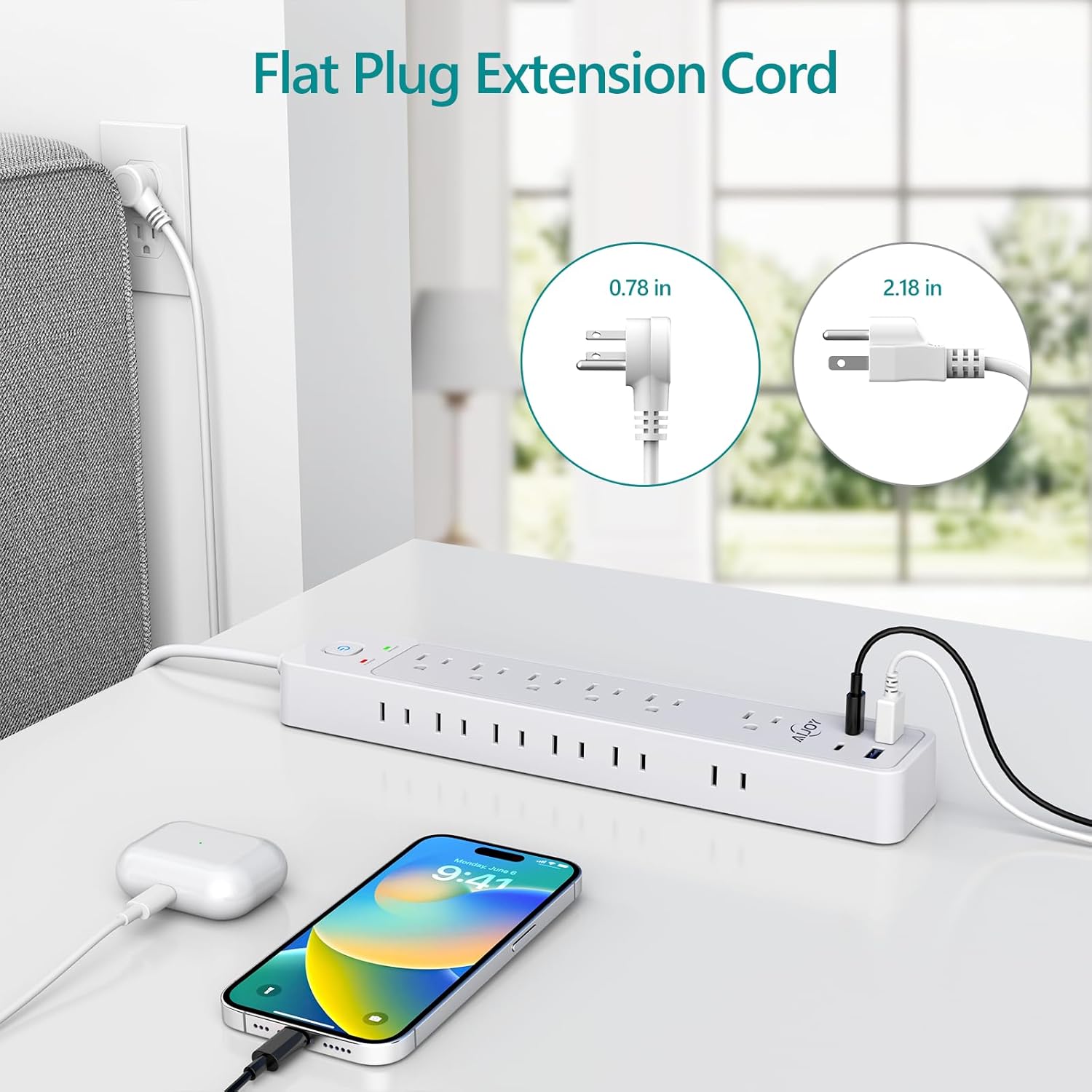 Paquete de 2 regletas de protección contra sobretensiones con 4 puertos USB (2 USB-C), 12 salidas de CA, protección contra sobretensiones de 1500J,