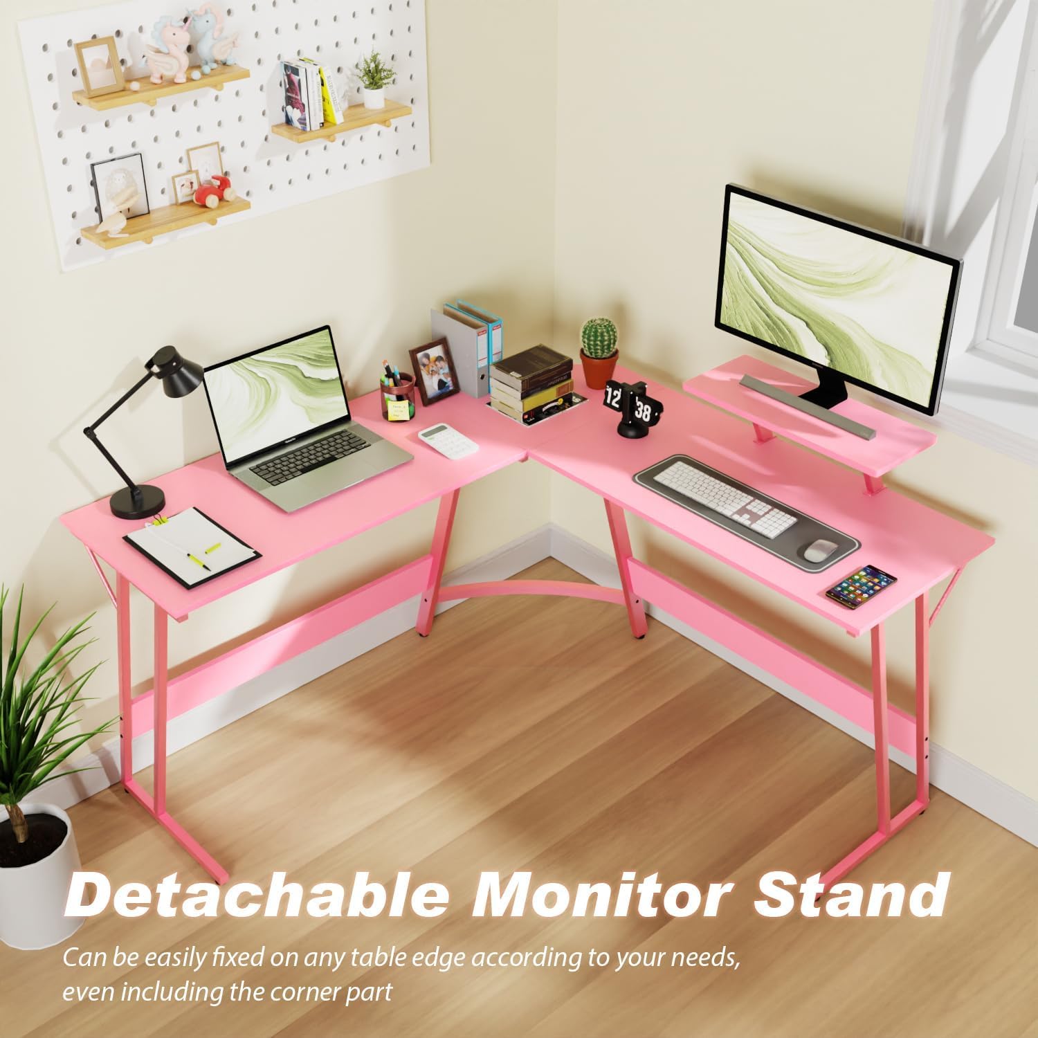 BLKMTY Escritorio en forma de L para juegos de PC, escritorio para computadora con soporte para monitor, escritorio grande para estudiar, mesa
