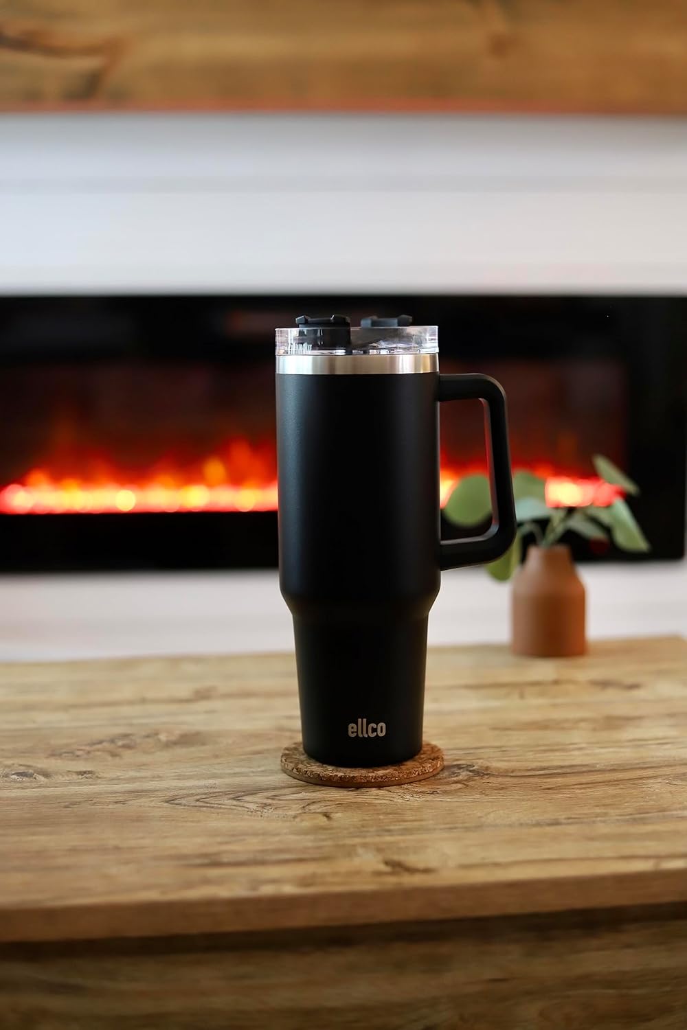 Vaso de acero inoxidable de 40 oz con asa y pajita, color negro