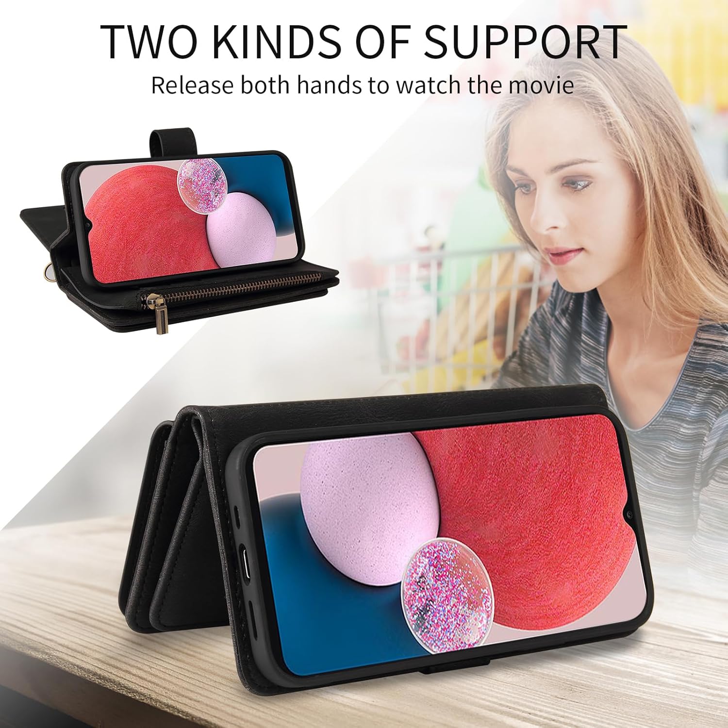 Asuwish Funda de teléfono para Samsung Galaxy A13 4G Funda tipo cartera con protector de pantalla de vidrio templado y correa de muñeca de cuero con