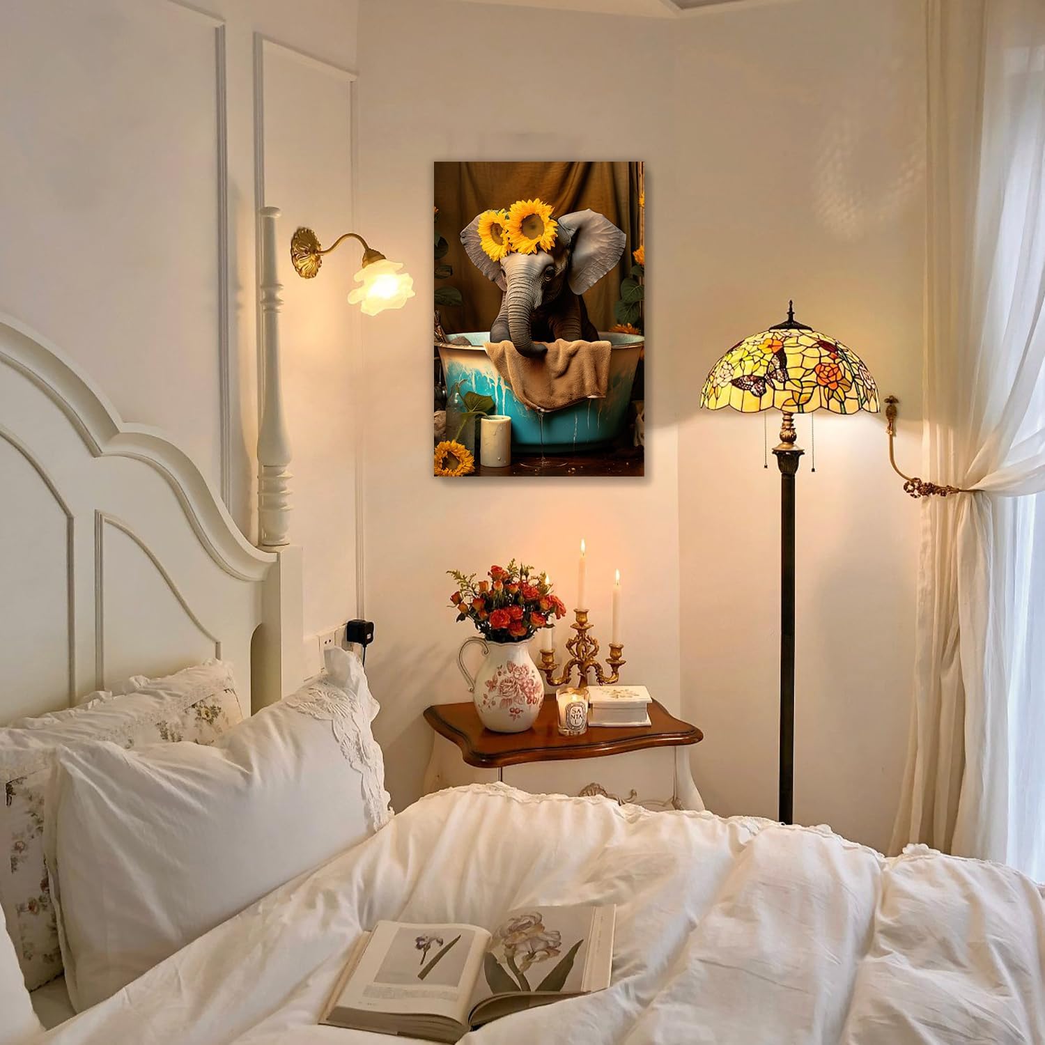 MOSTUNNA Creativity – Lienzo decorativo para baño, diseño de animales, divertido elefante y girasol amarillo en la bañera, decoración de pared,