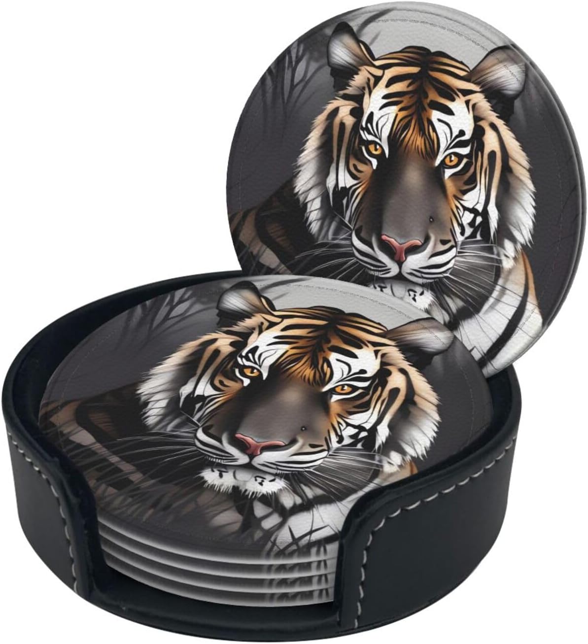 Juego de 6 posavasos de cuero con soporte, diseño de tigre en reposo, para bebidas, con aislamiento, posavasos redondos para decoración de mesa