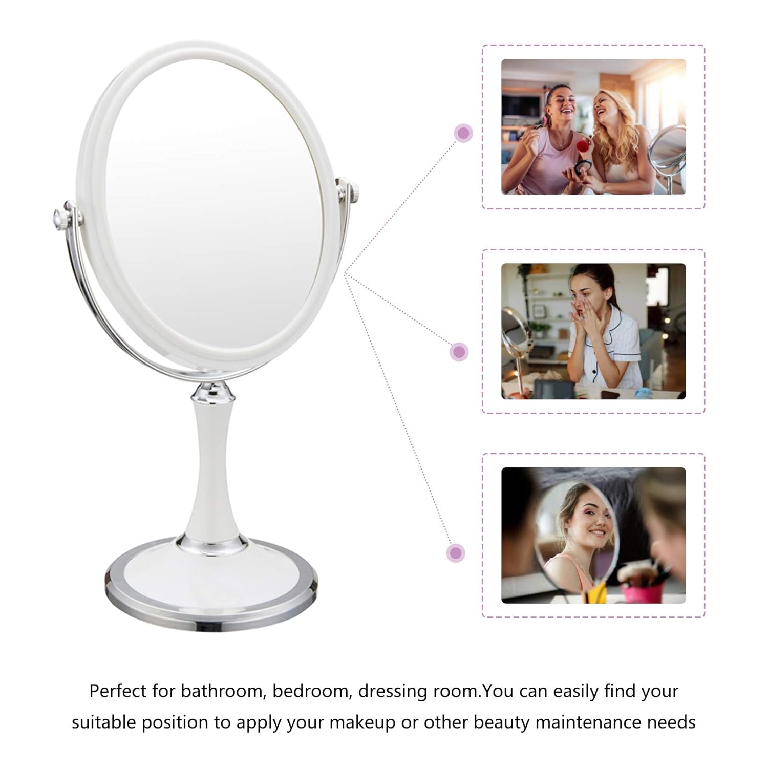PINKZIO Maquillaje de mesa portátil de dos caras 1X y 3X aumento ligero espejo de tocador con giro de 360 grados, plástico ABS, blanco