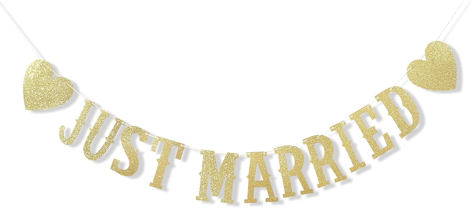 Banner dorado con purpurina de recién casado  Cartel de boda Just Married para decoración de despedida de soltera Just Married  Cartel de bandera