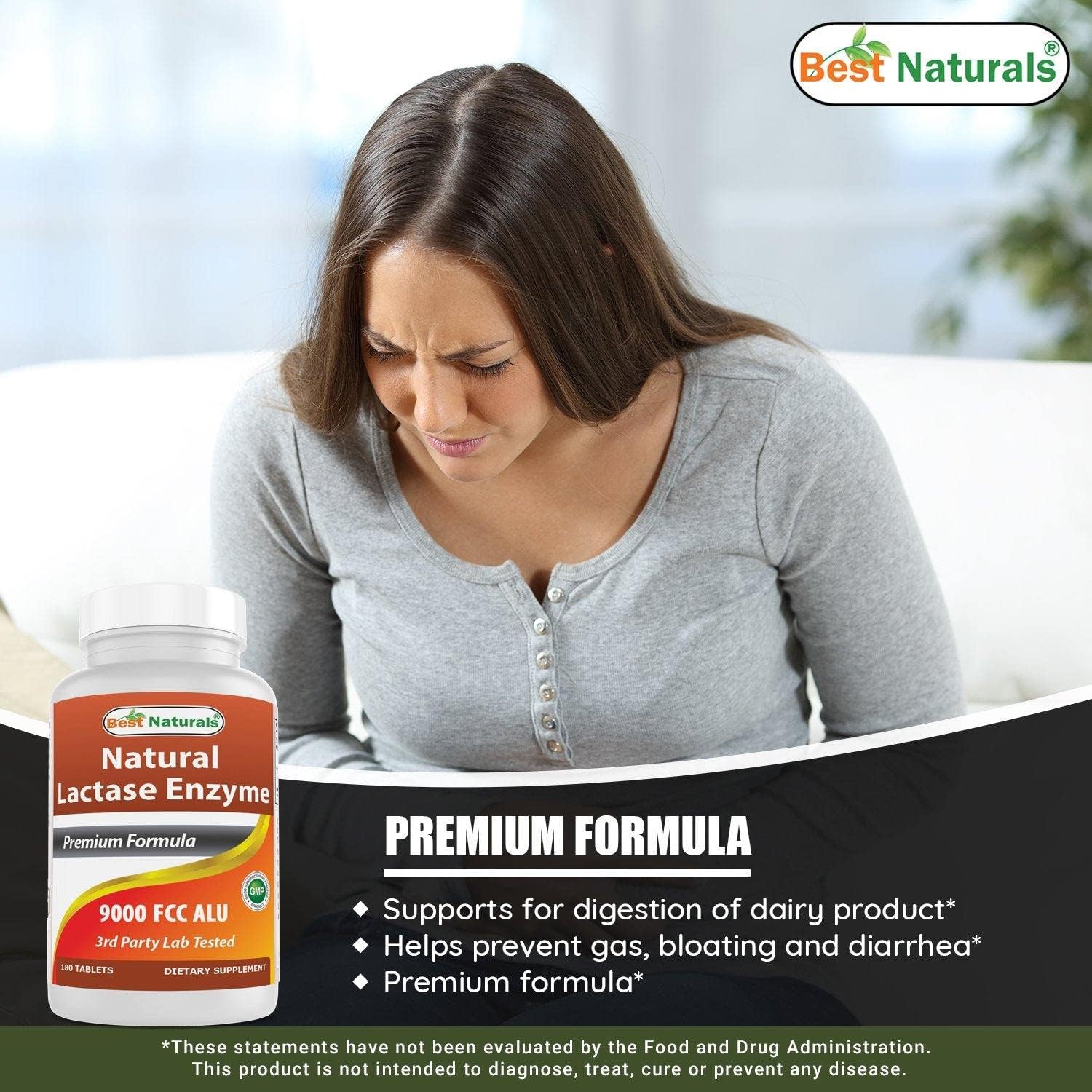 Best Naturals Tabletas de alivio de intolerancia a la lactosa con enzima lactasa natural, lactasa de acción rápida de alta potencia, 9000 ALU FCC,