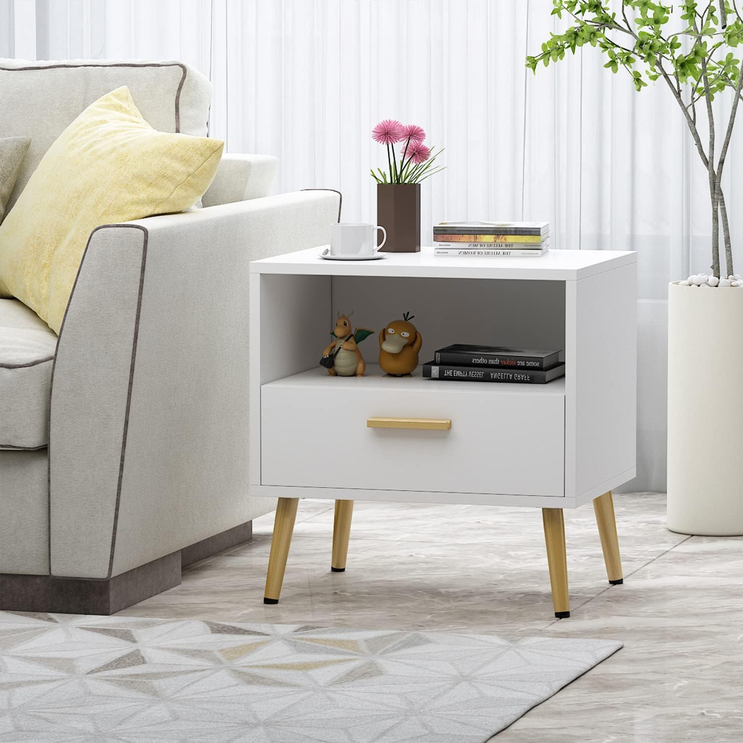 ECACAD Moderna mesita de noche con cajón y estante abierto, mesa auxiliar con patas de metal dorado para dormitorio, sala de estar, color blanco