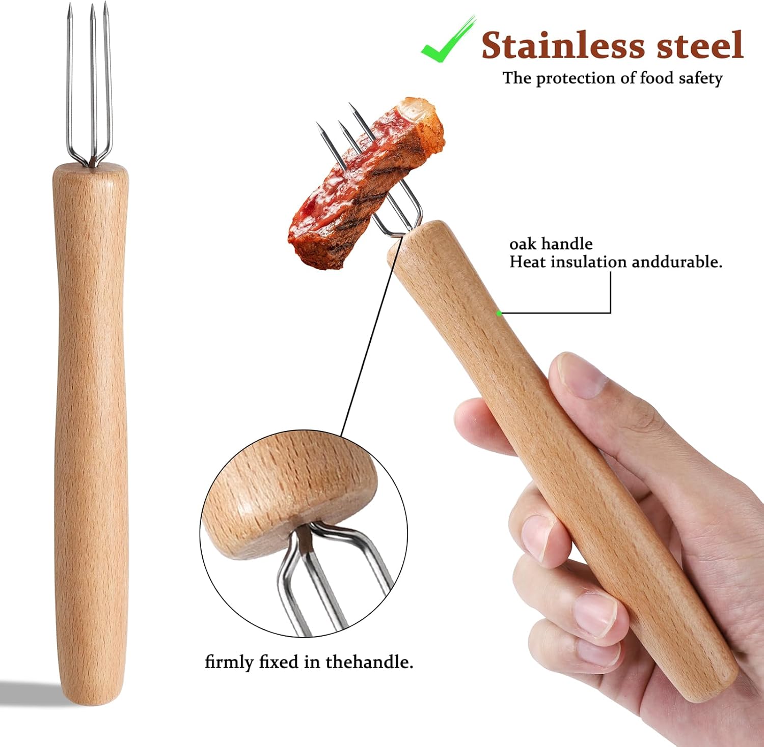 Juego de 6 soportes de maíz de acero inoxidable en la mazorca con mango de madera para maíz en la mazorca de mango largo, brochetas de mazorca,