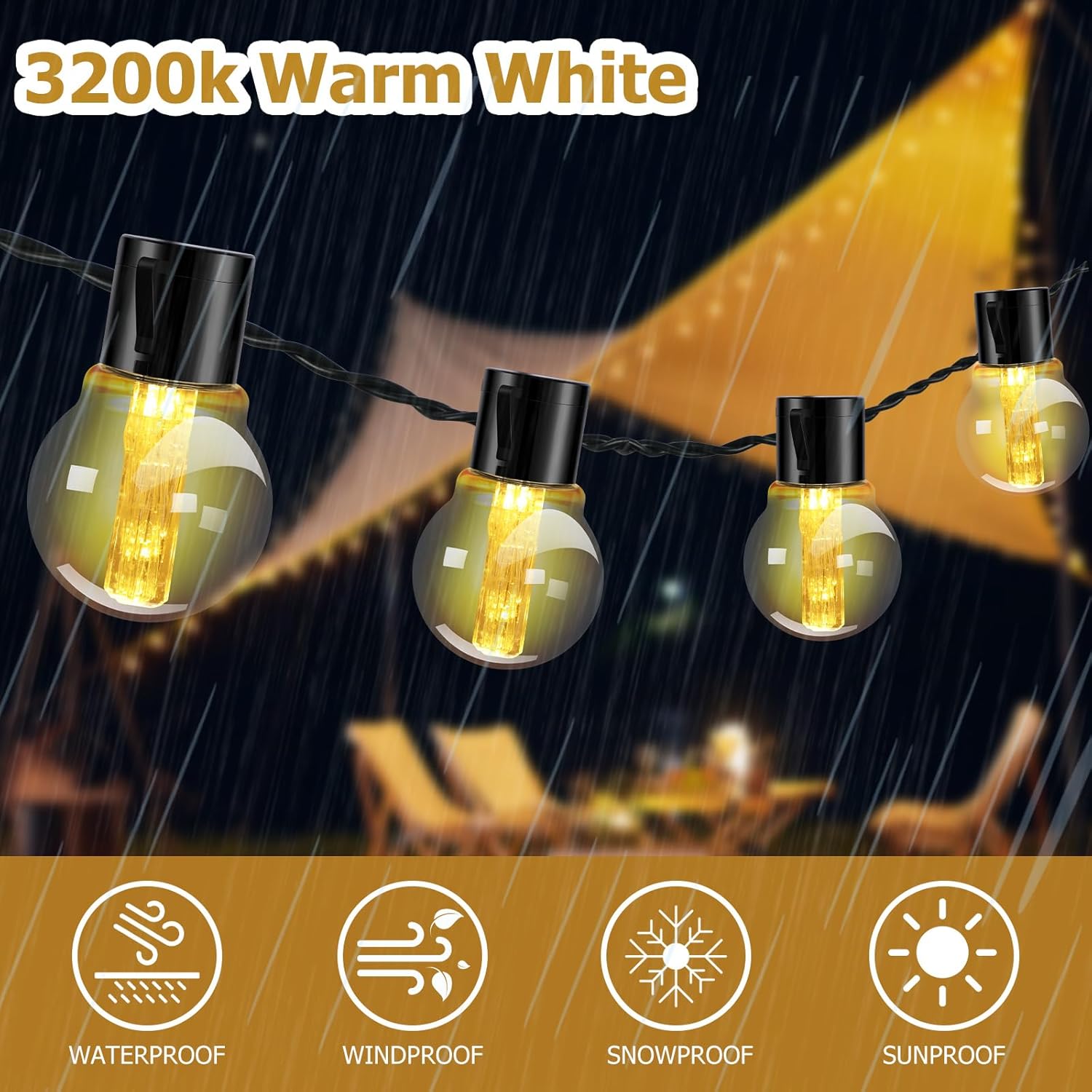 Tira de luces para exteriores, bajo voltaje enchufable de 3.5 V, tira de luces G50 Globe para patio de 43 pies, con 30 bombillas Edison