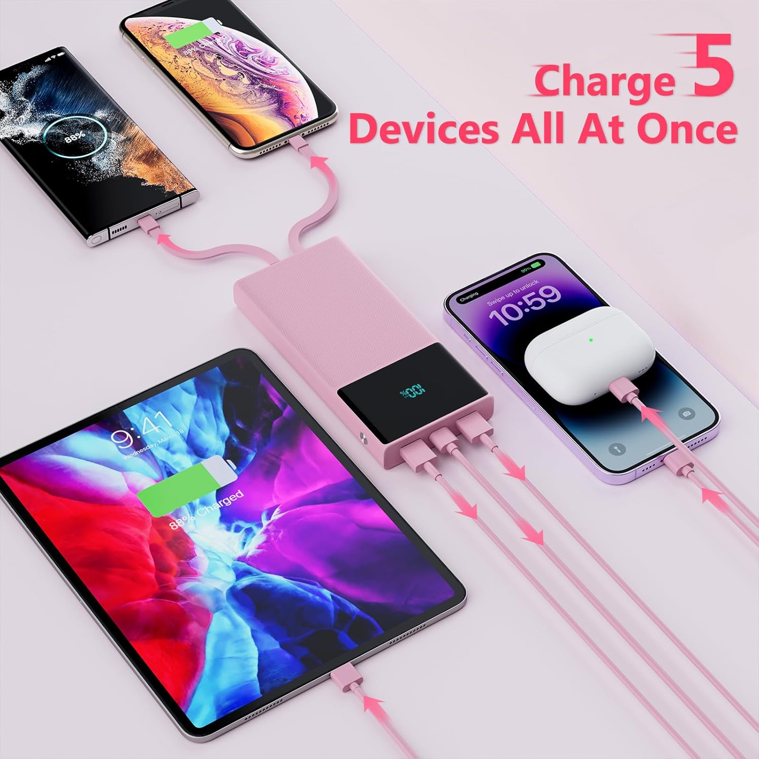 Cargador portátil con 2 cables integrados (USB-C e iOS), cargador de teléfono duradero de carga rápida PD de 13000 mAh con pantalla LED, cargador de