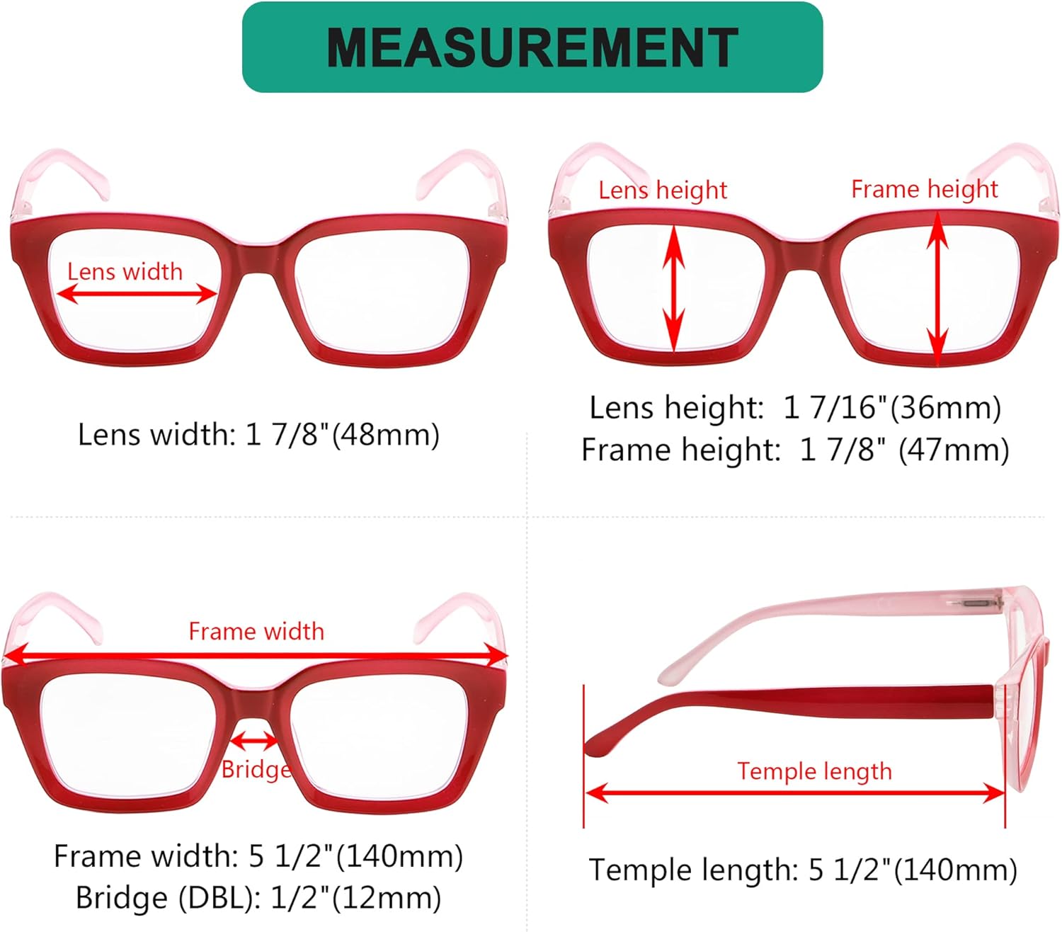 Eyekepper Gafas de lectura para mujer, diseño cuadrado de gran tamaño, color rojo