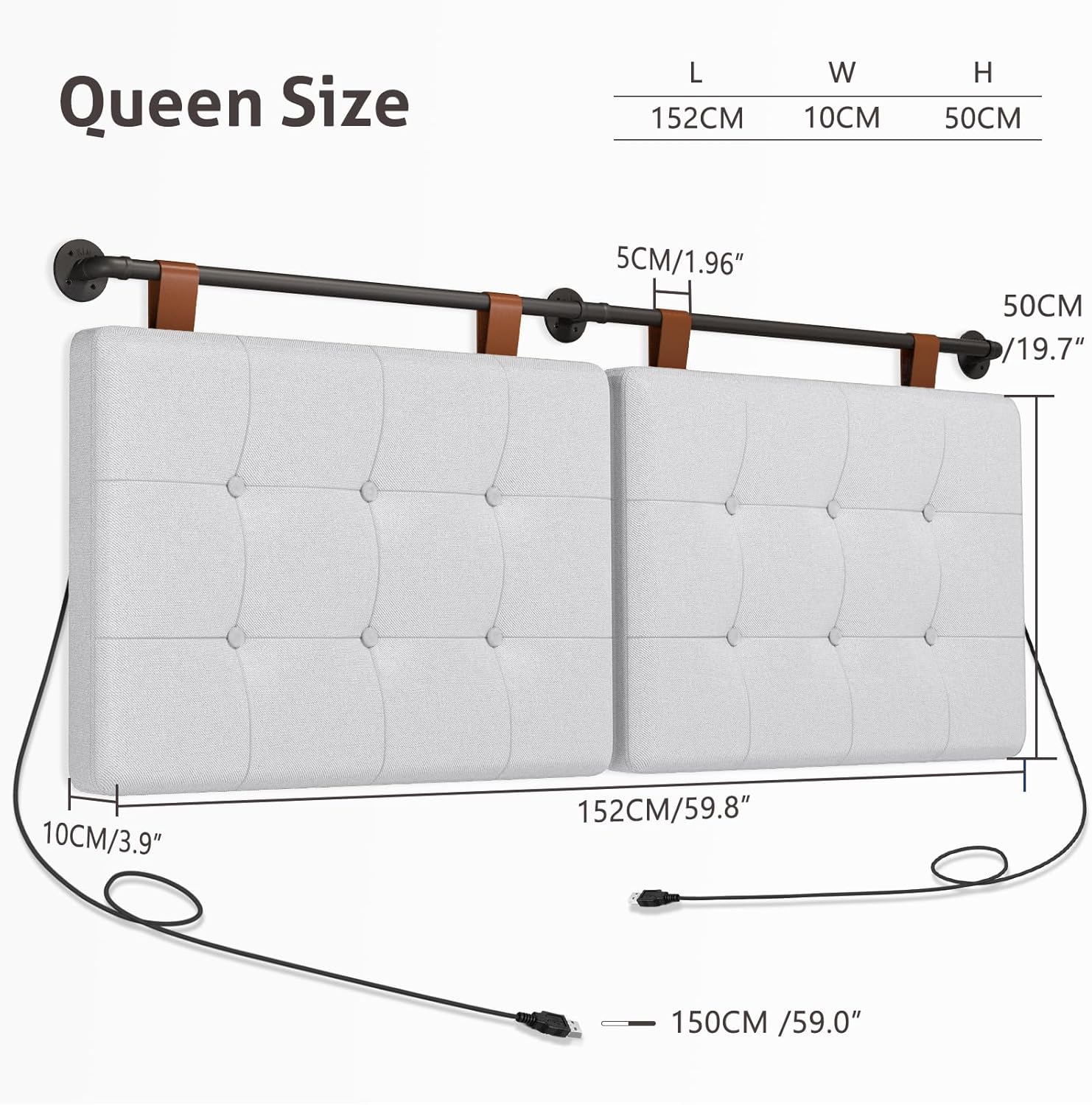 Cabecera Queen para cama con tapicería de lino y cabecera tapizada con botones, puerto de carga USB, altura ajustable, cabecera colgante para